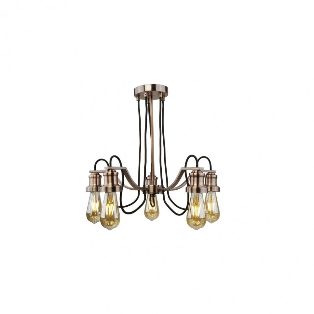 Searchlight Oban 5 Light Pendant - Antique Copper & Black Braided Cable