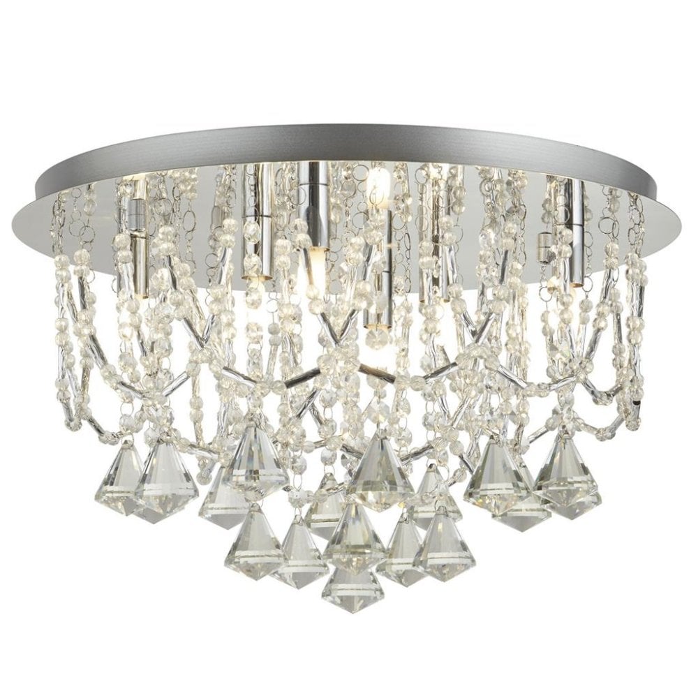 Searchlight Mary 6 Light Flush - Chrome & Clear Crystal Pyramid Drops