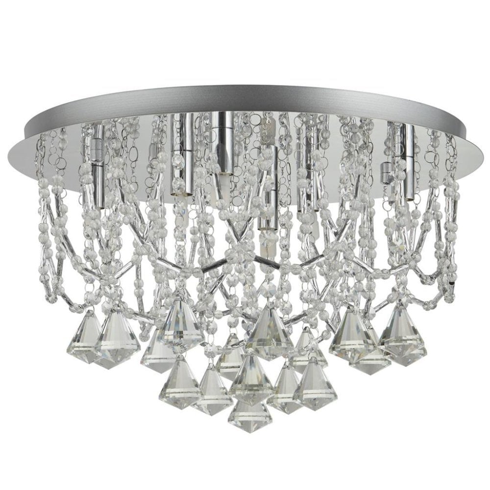 Searchlight Mary 6 Light Flush - Chrome & Clear Crystal Pyramid Drops