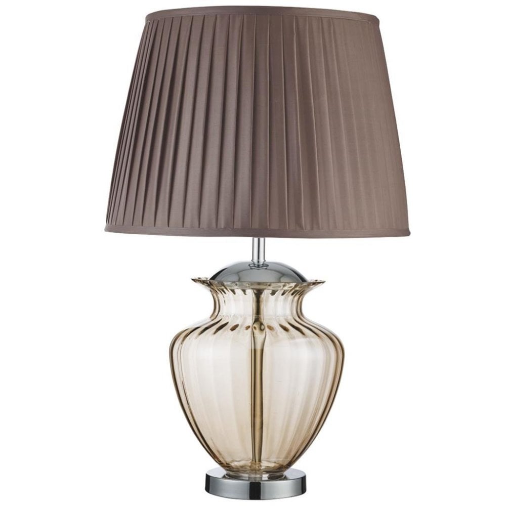 Searchlight Edgar Table Lamp - Chrome, Amber Glass & Brown Shade