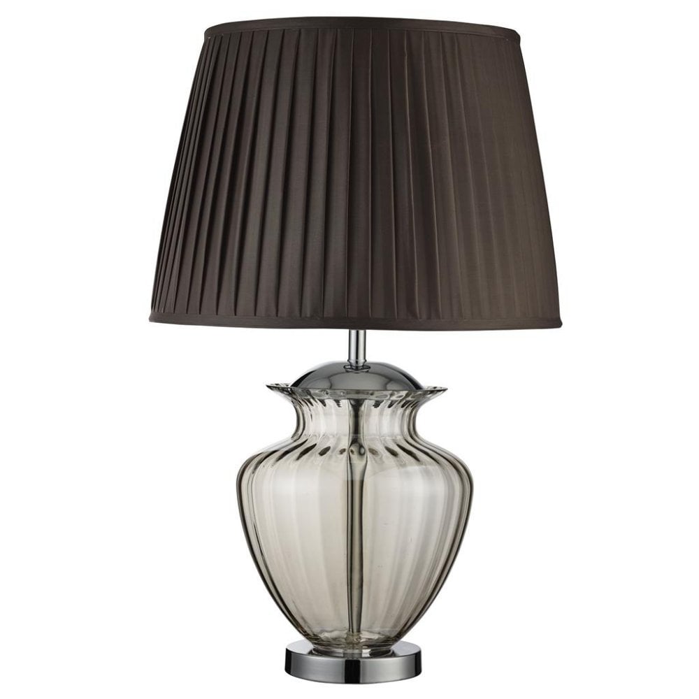 Searchlight Edgar Table Lamp - Chrome, Amber Glass & Brown Shade