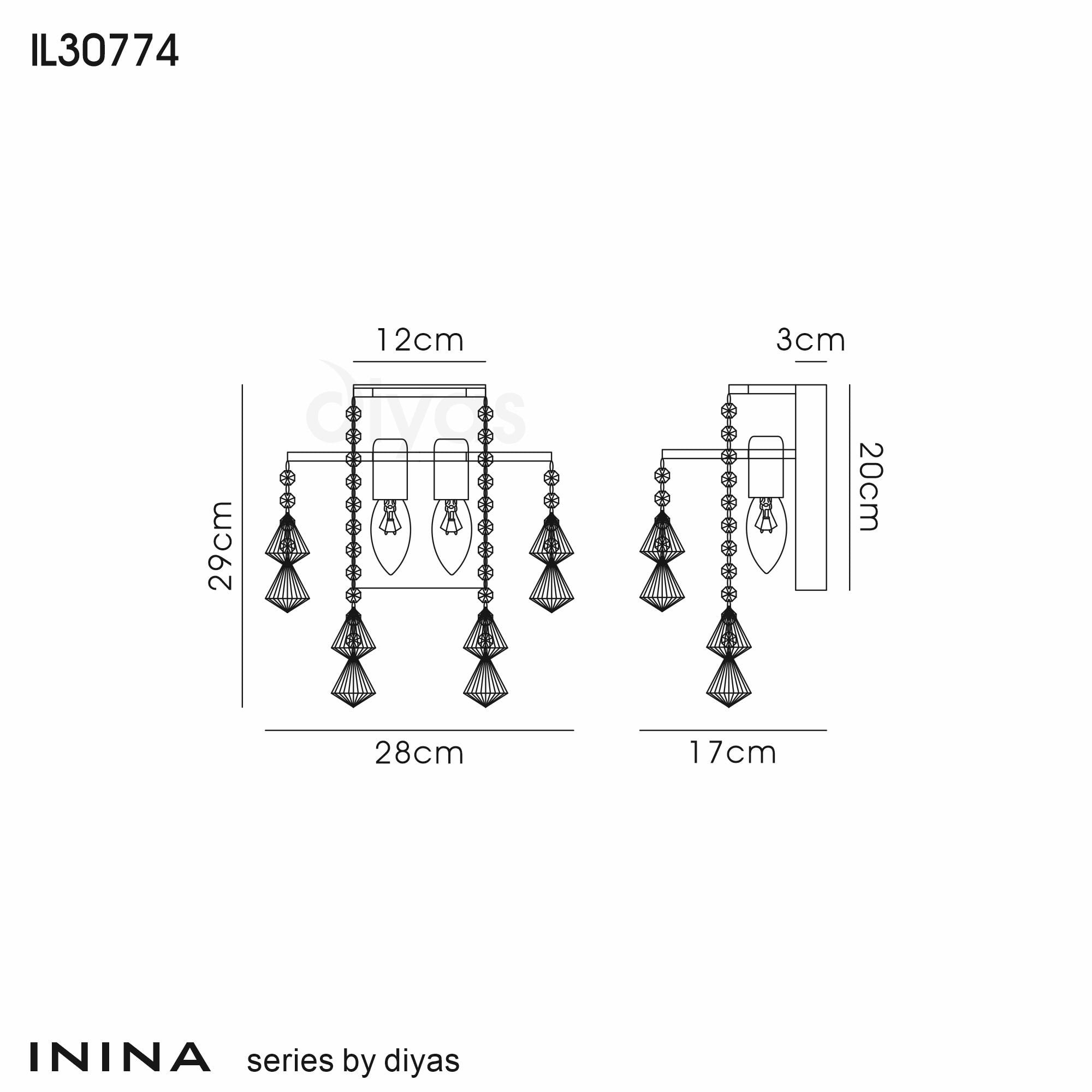 Diyas Inina 2 Light Switched Wall Light - Polished Chrome & Crystal