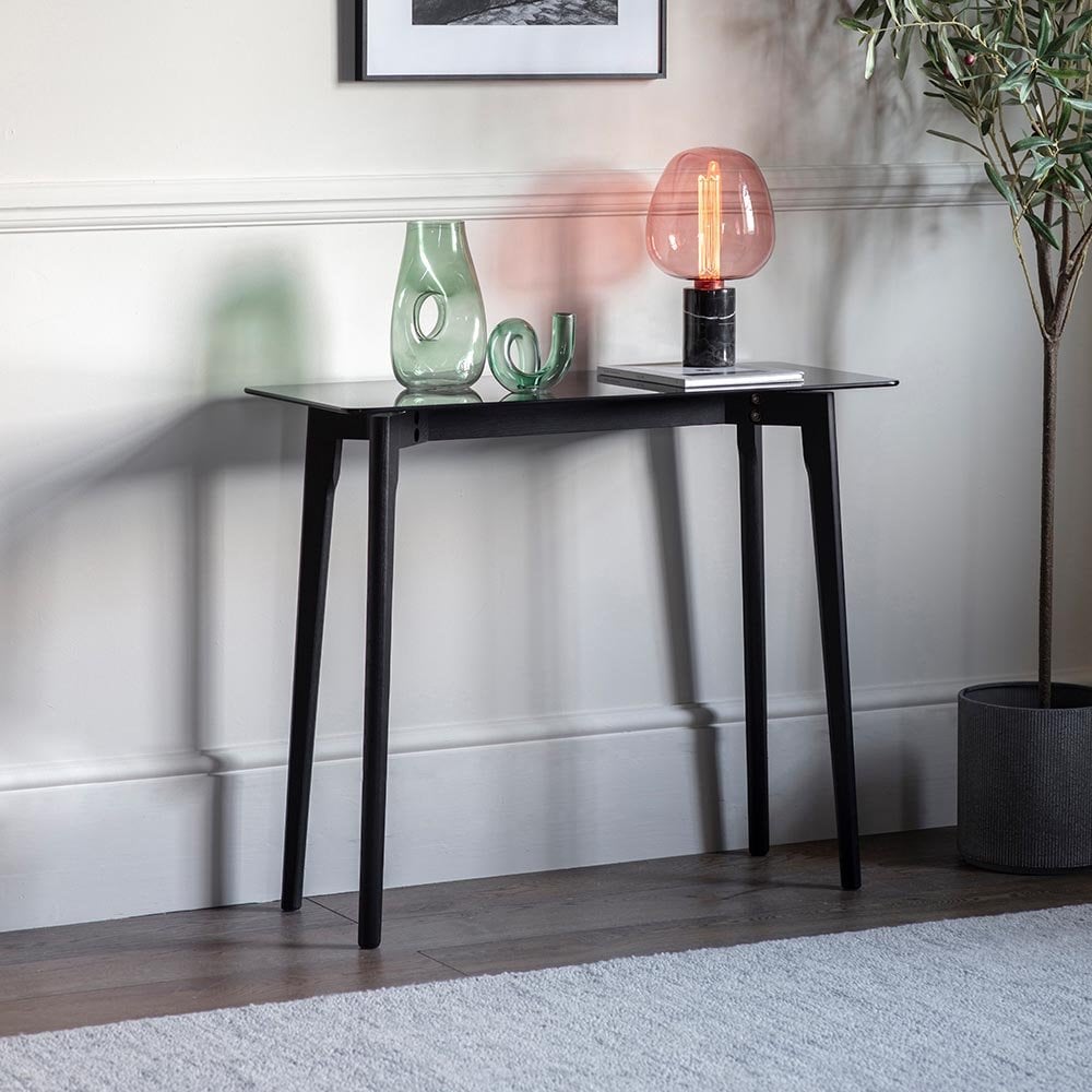 Mura William Console Table - Black Stained Oak With Glass Top