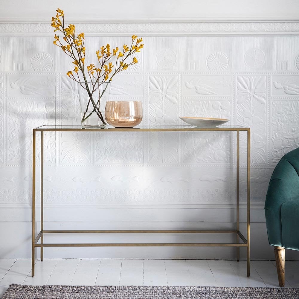 Mura Adelaide Console Table - Antique Bronze Plate & Clear Glass