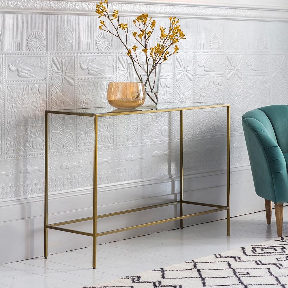 Mura Adelaide Console Table - Antique Bronze Plate & Clear Glass