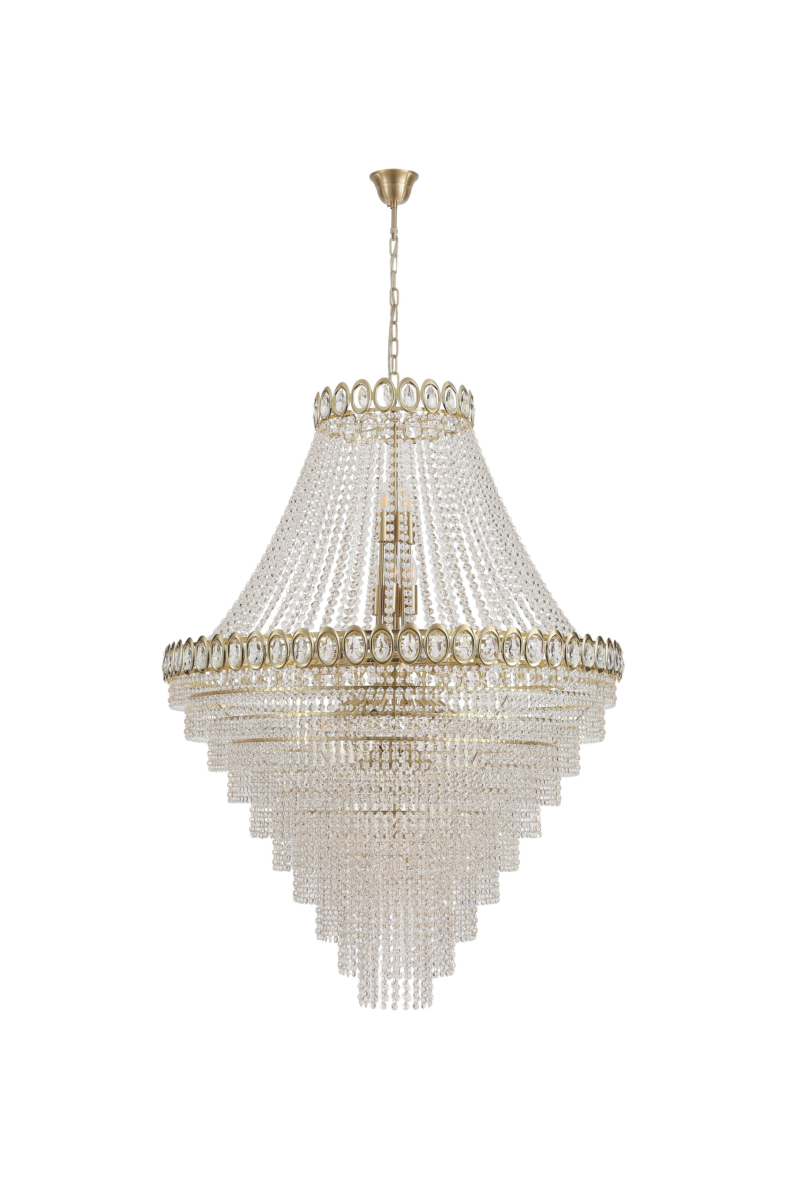 Searchlight Louis Phillipe 28 Light Chandelier in satin brass, second studio angle with the candle bulbs lit inside the crystal tiers