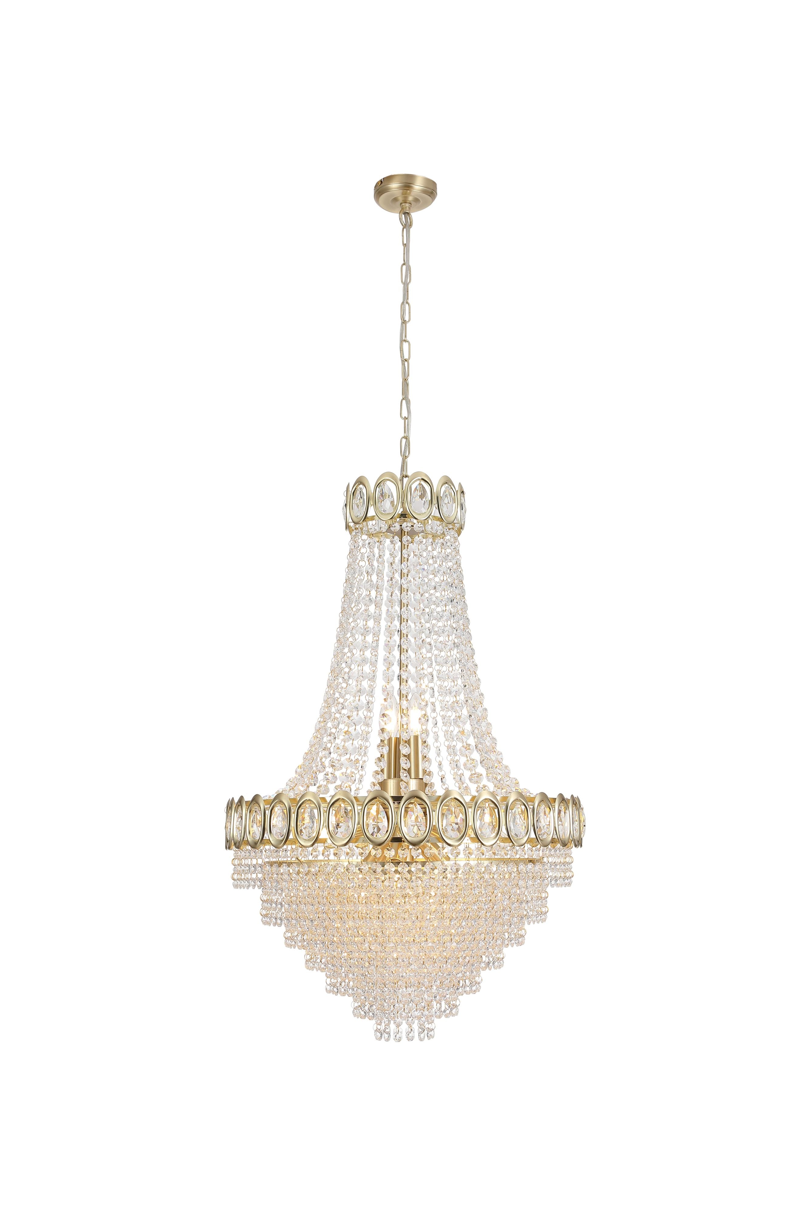 Searchlight Louis Phillipe 11 Light Pendant in satin brass, full length studio shot on a white background showing the tiered crystal skirt and suspension chain