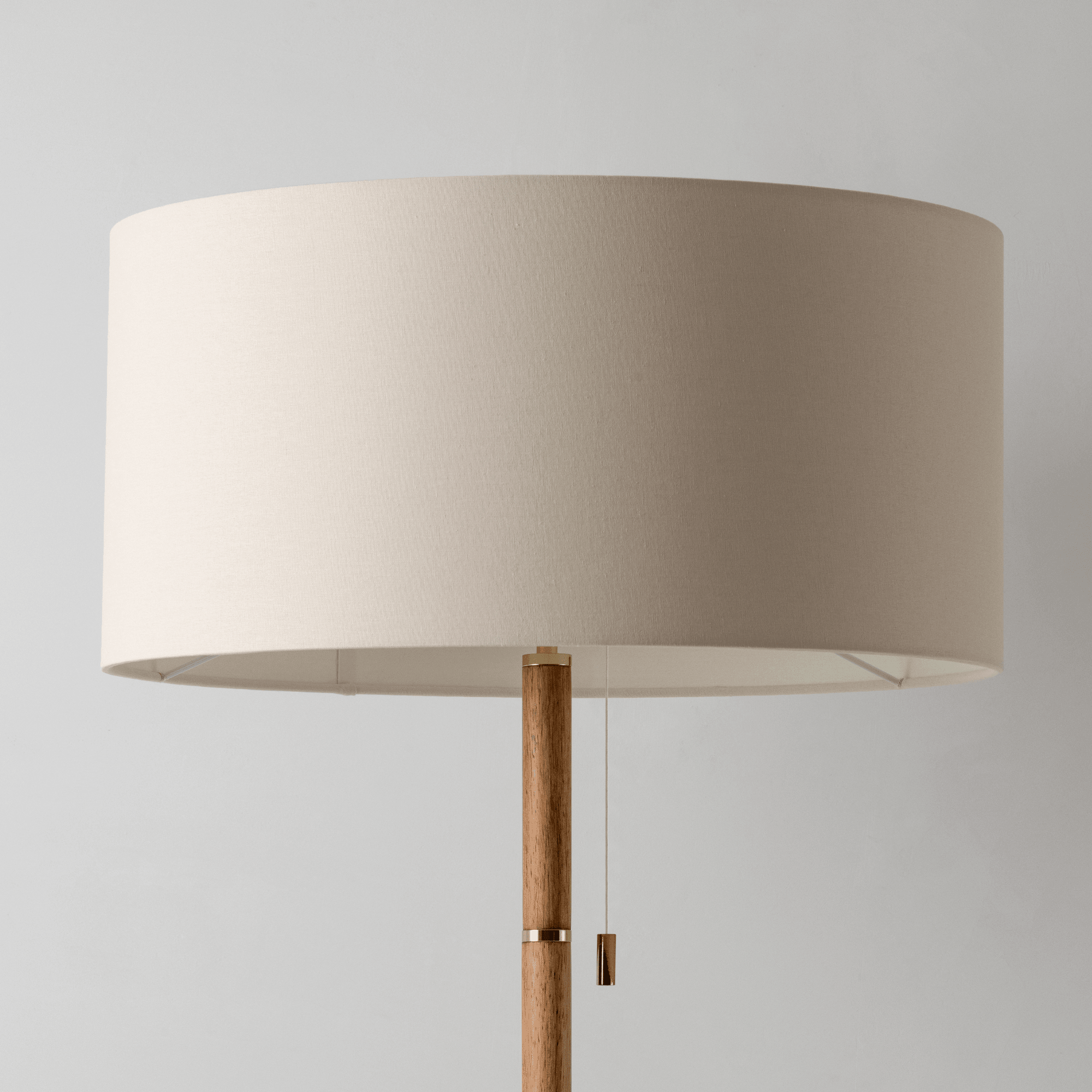 houseof. Disk Floor Lamp - Wooden & Brass with Cream Linen Shade