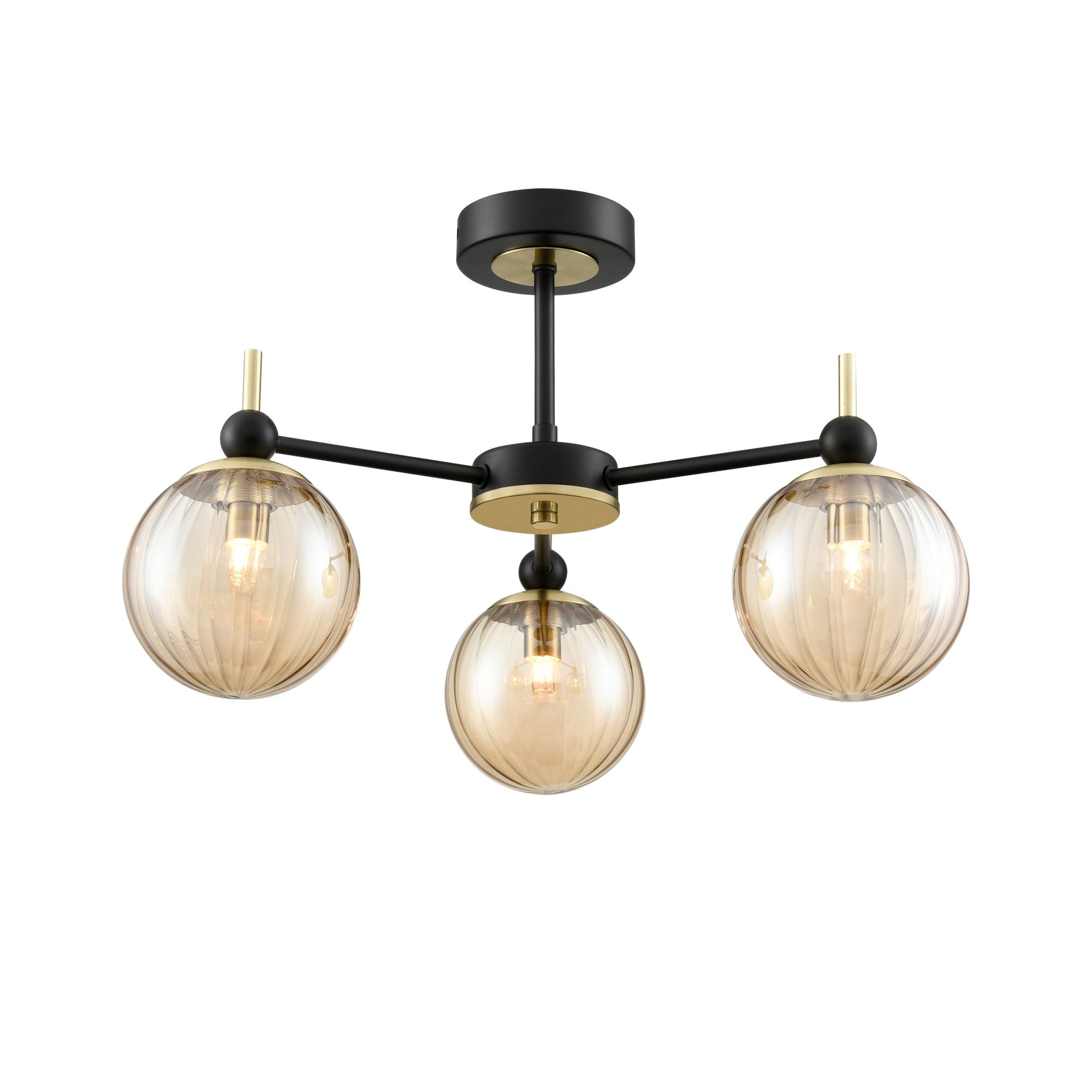Franklite Solar 3 Light Semi-Flush Fitting - Matt Black & Satin Brass