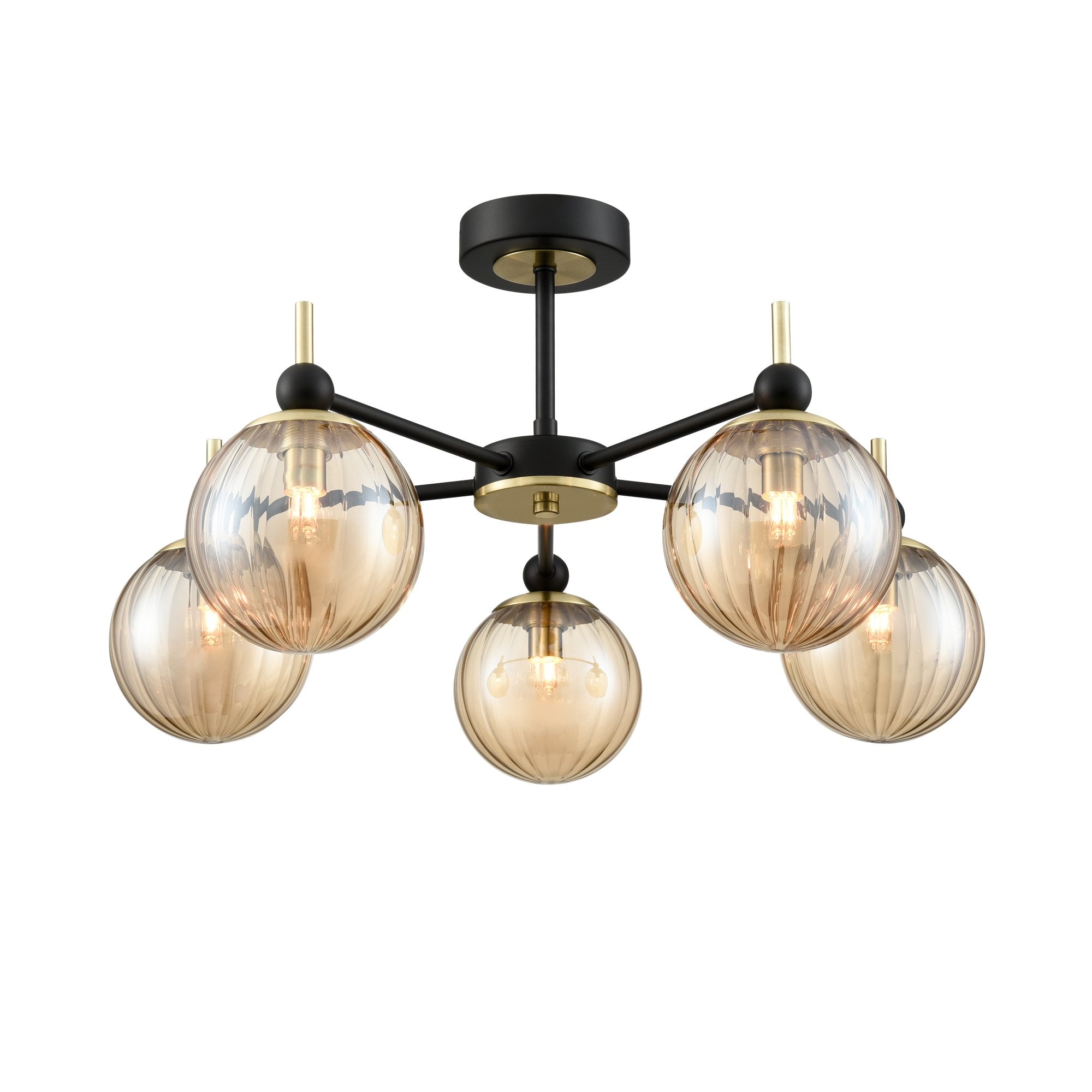 Franklite Solar 5 Light Semi-Flush Fitting - Matt Black & Satin Brass