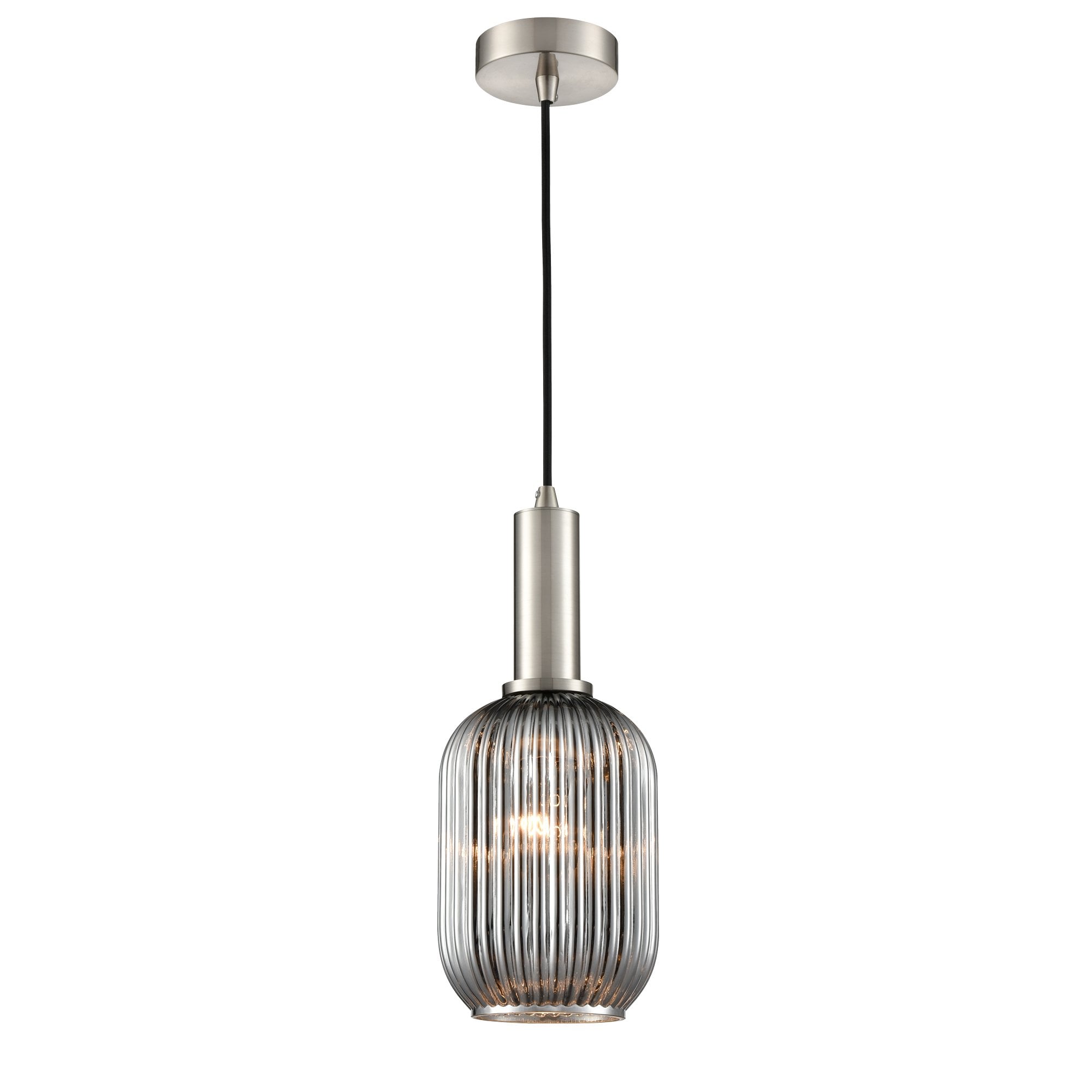 Franklite Mezcla Pendant - 150mm Ribbed Glass Shade - Satin Nickel & Smoked Glass