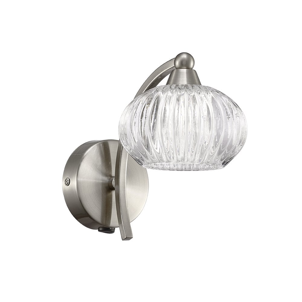 Franklite Ripple 1 light Wall Bracket with Switch - Satin Nickel & Ribbed Glass
