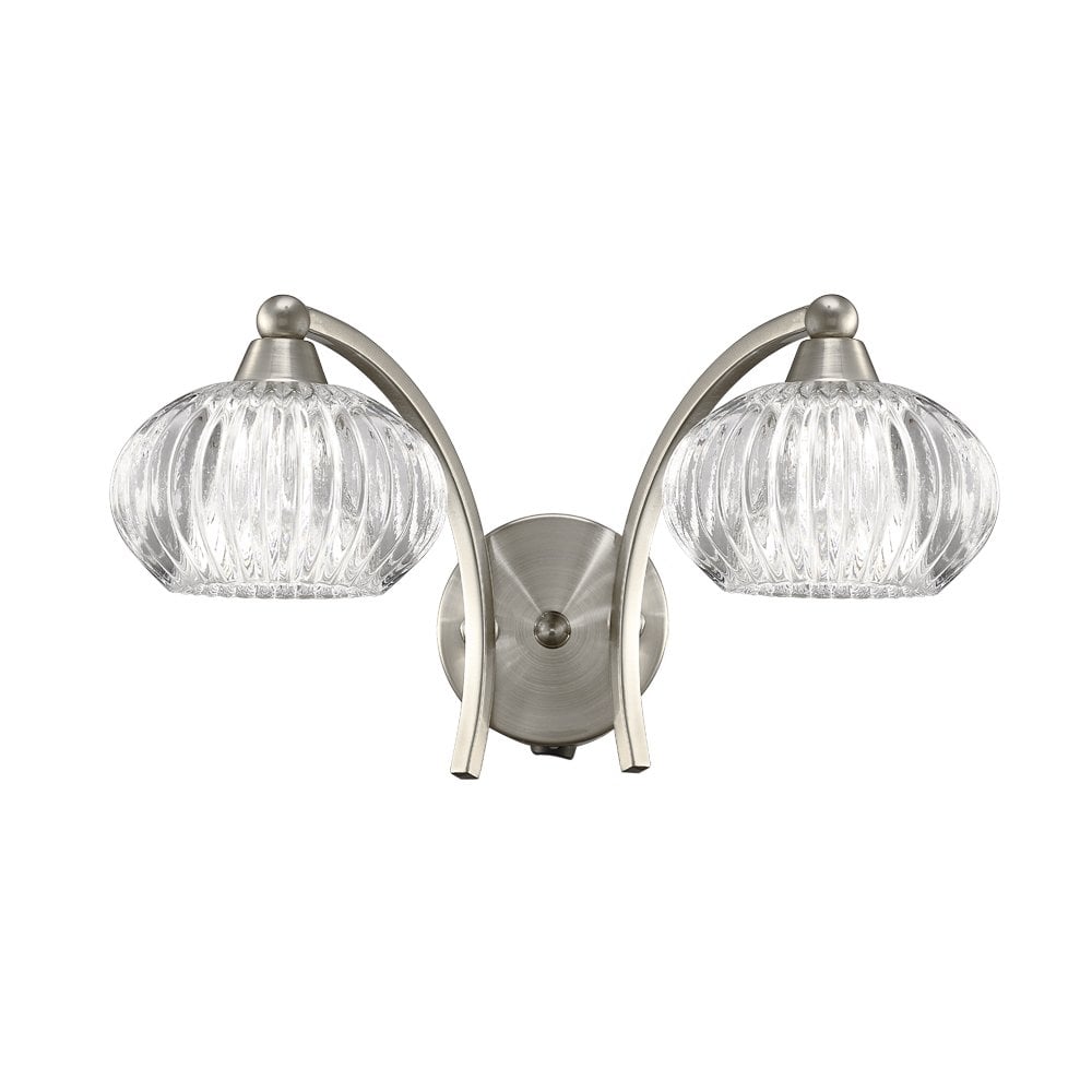 Franklite Ripple 2 Light Wall Bracket with Switch - Satin Nickel & Ribbed Glass
