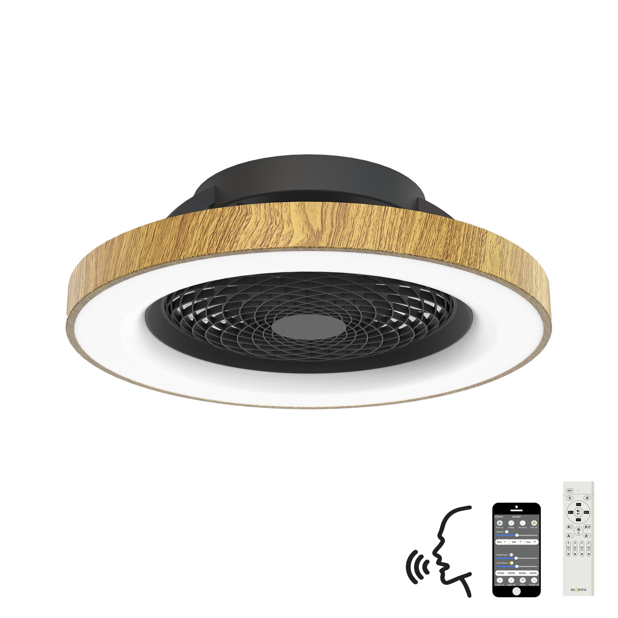 Mantra Tibet 70W LED Dimmable Ceiling Light & Fan, Remote, APP ,  Voice Controlled, Wood Effect, Black