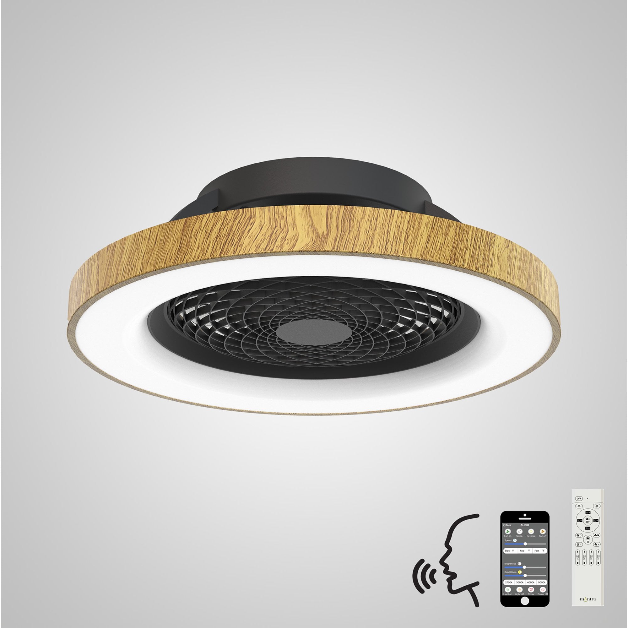 Mantra Tibet 70W LED Dimmable Ceiling Light & Fan, Remote, APP ,  Voice Controlled, Wood Effect, Black