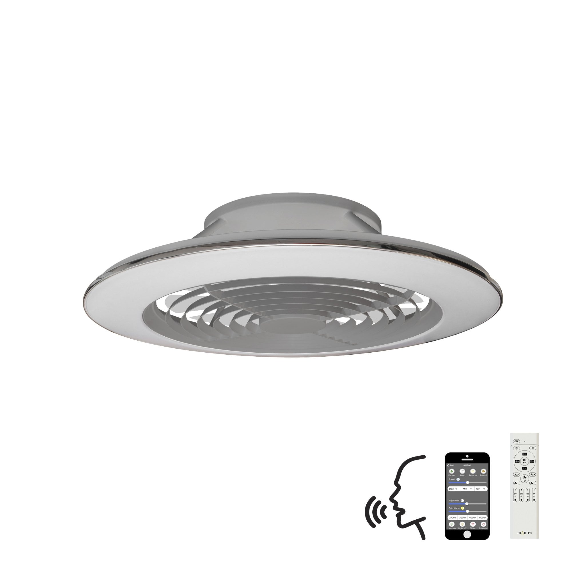 Mantra Alisio XL 95W LED Dimmable Ceiling Light & Fan, Remote, APP ,  Voice Controlled, Silver