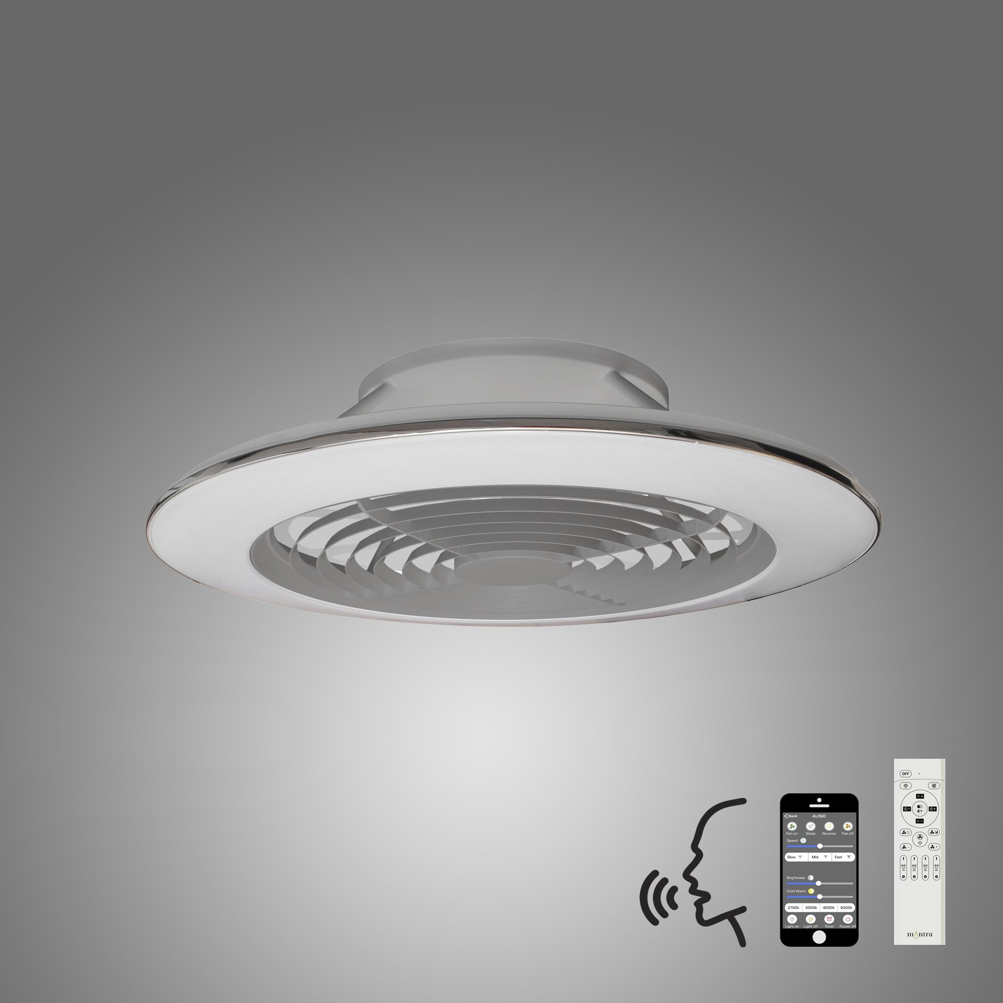 Mantra Alisio XL 95W LED Dimmable Ceiling Light & Fan, Remote, APP ,  Voice Controlled, Silver