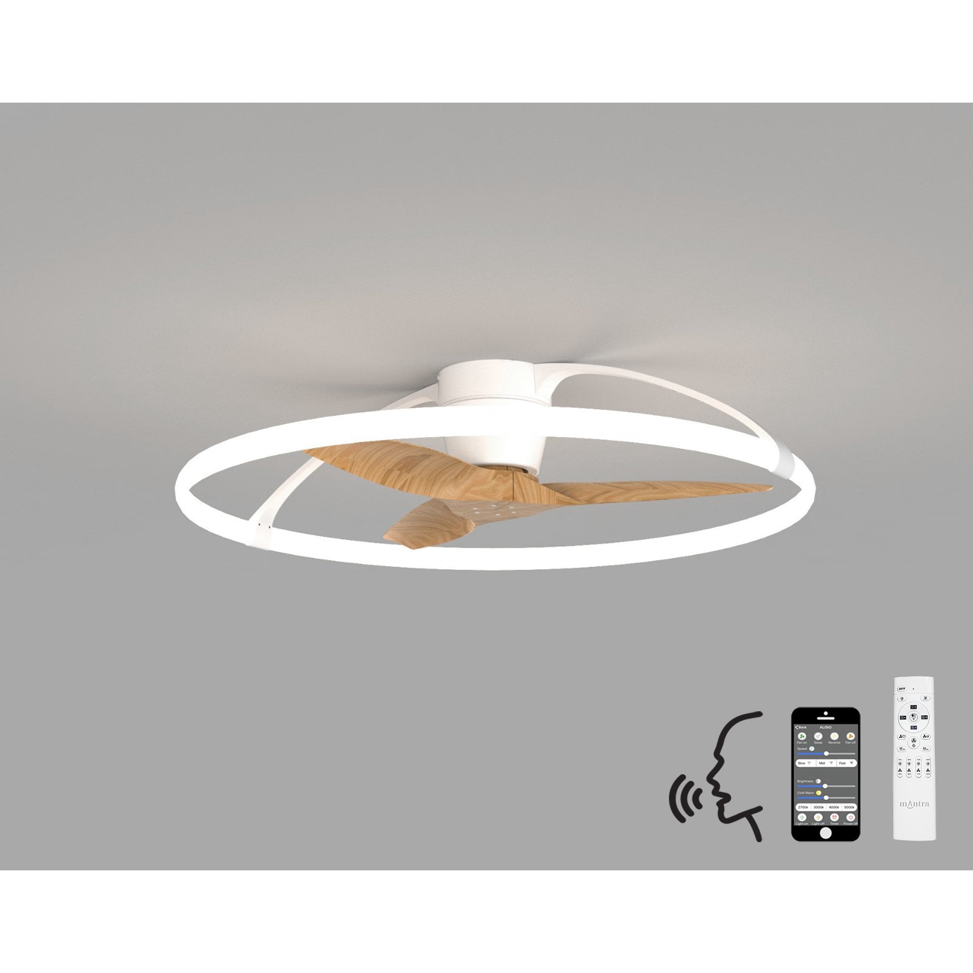 Mantra Nepal 75W LED Dimmable Ceiling Light & Fan, Remote, APP, Voice Controlled - White & Wood Effect
