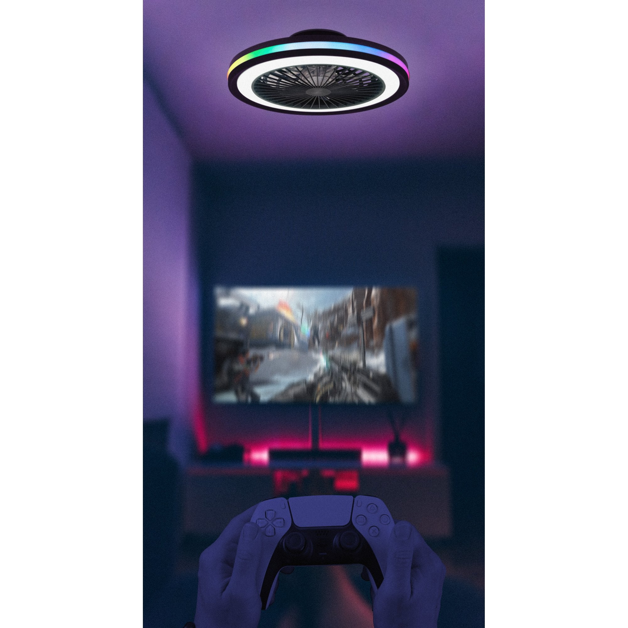 Mantra Gamer 60W LED Dimmable White, RGB Ceiling Light & Fan, Remote - White