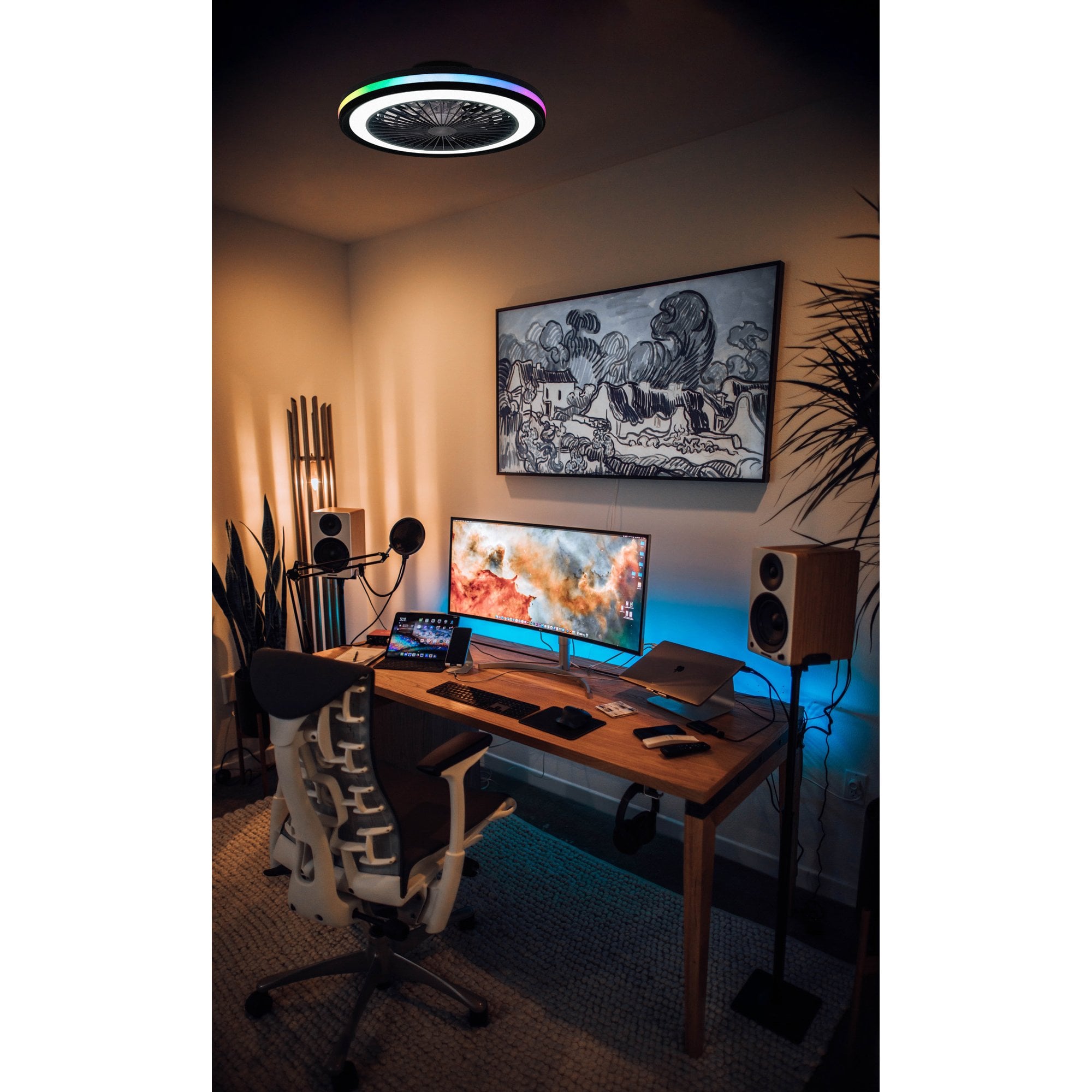 Mantra Gamer 60W LED Dimmable White, RGB Ceiling Light & Fan, Remote - White