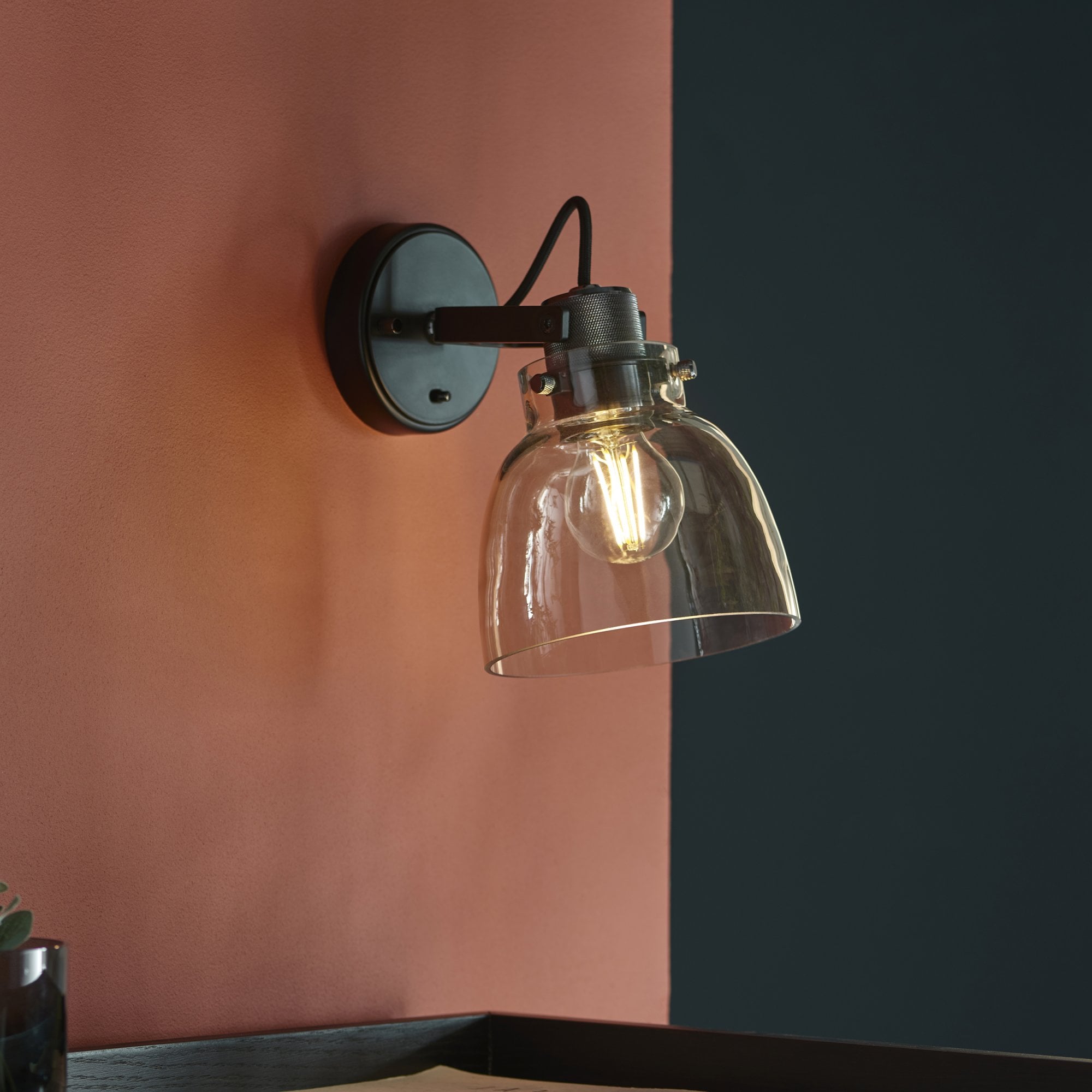 Utopia Pitch 1 Light Wall Fitting - Black Chrome & Tinted Glass