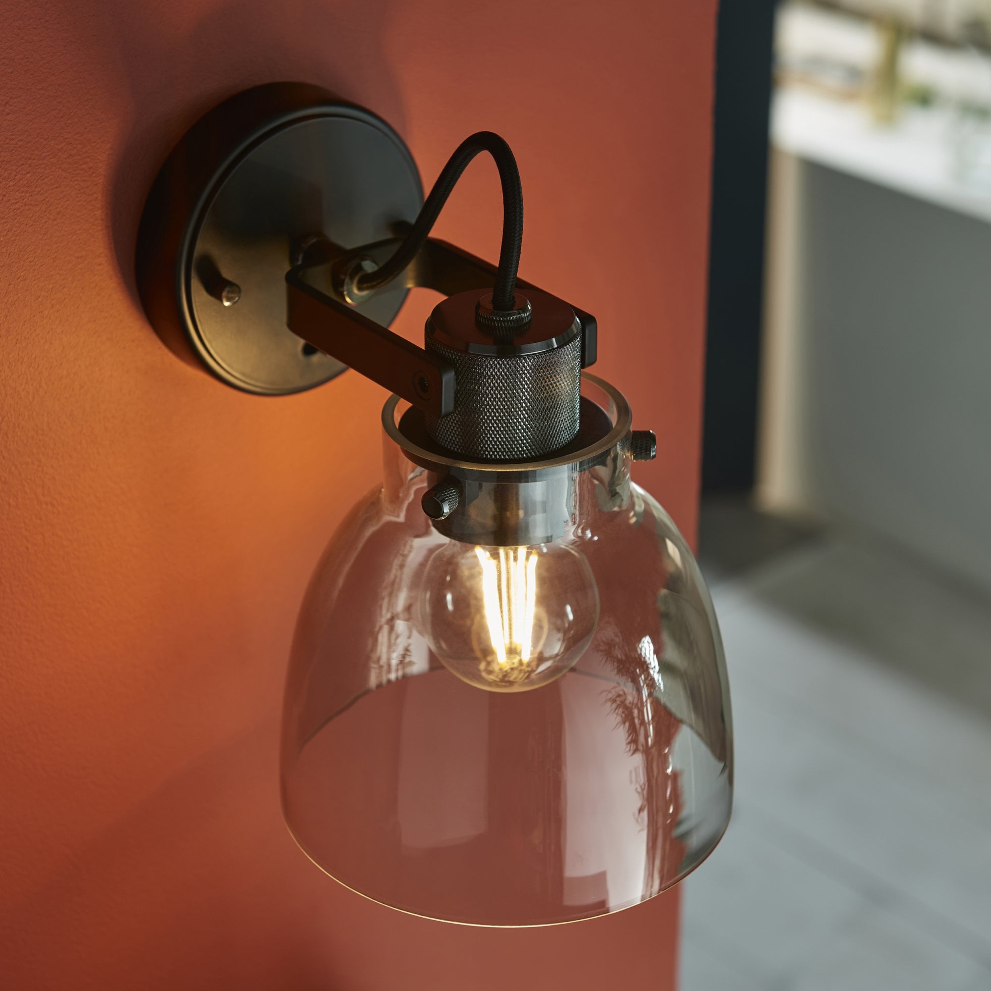 Utopia Pitch 1 Light Wall Fitting - Black Chrome & Tinted Glass