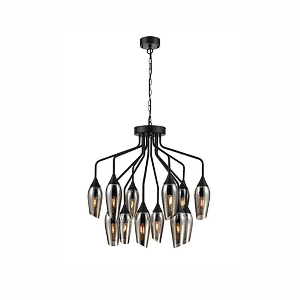 Franklite Taper 12 Light Pendant - Matt Black & Smoked Glass