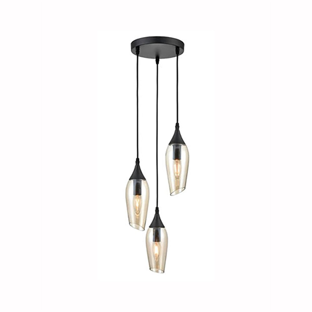 Franklite Taper 3 Light Spreader Pendant - Matt Black &  Amber Glass