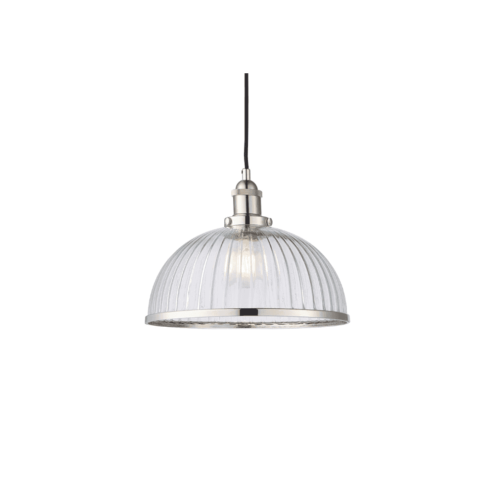 Endon Hansen Single Light Pendant - Bright Nickel Plate & Clear Ribbed Glass