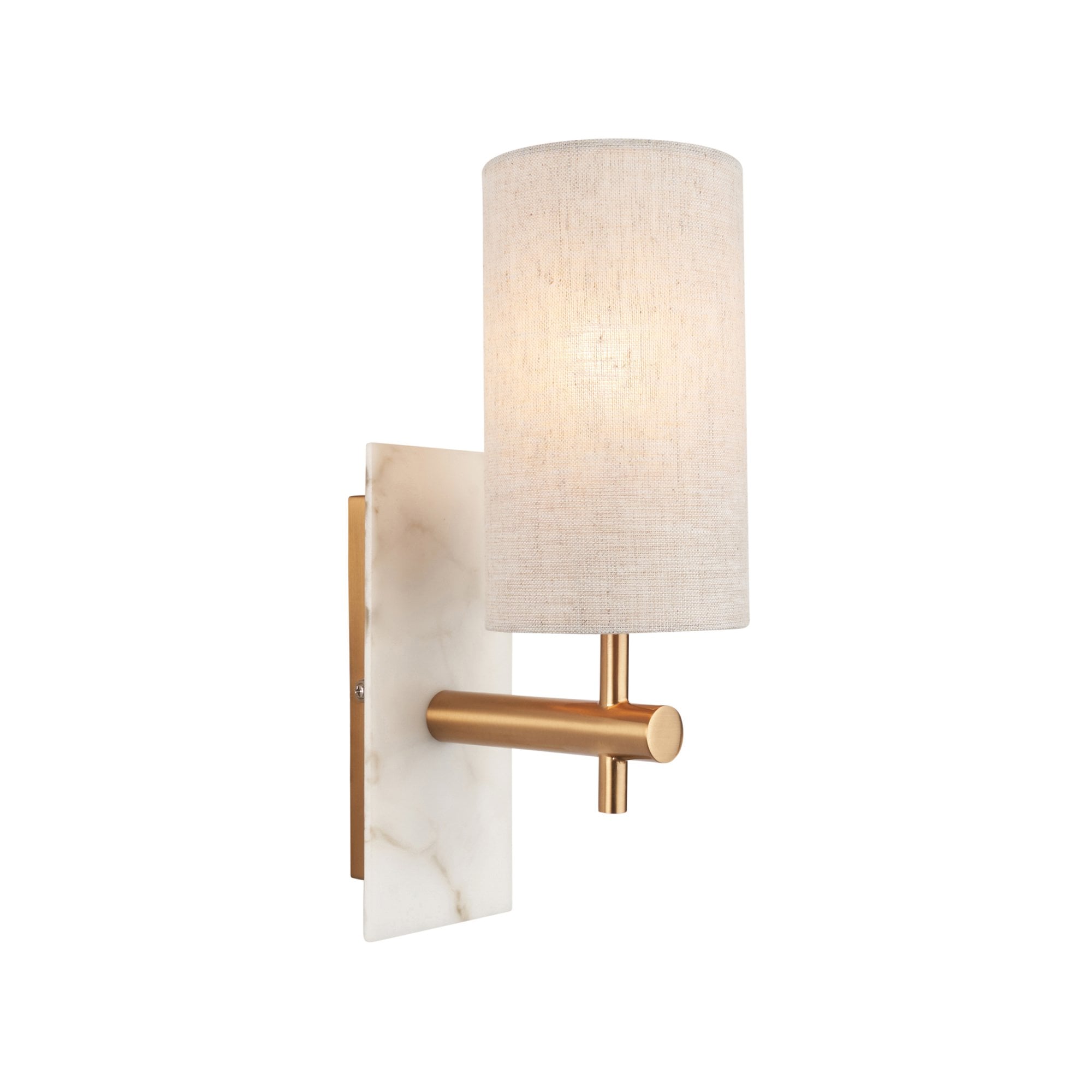 Utopia Spire Single White Marble Wall Light - Vintage Brass & Natural Cylindrical Shade