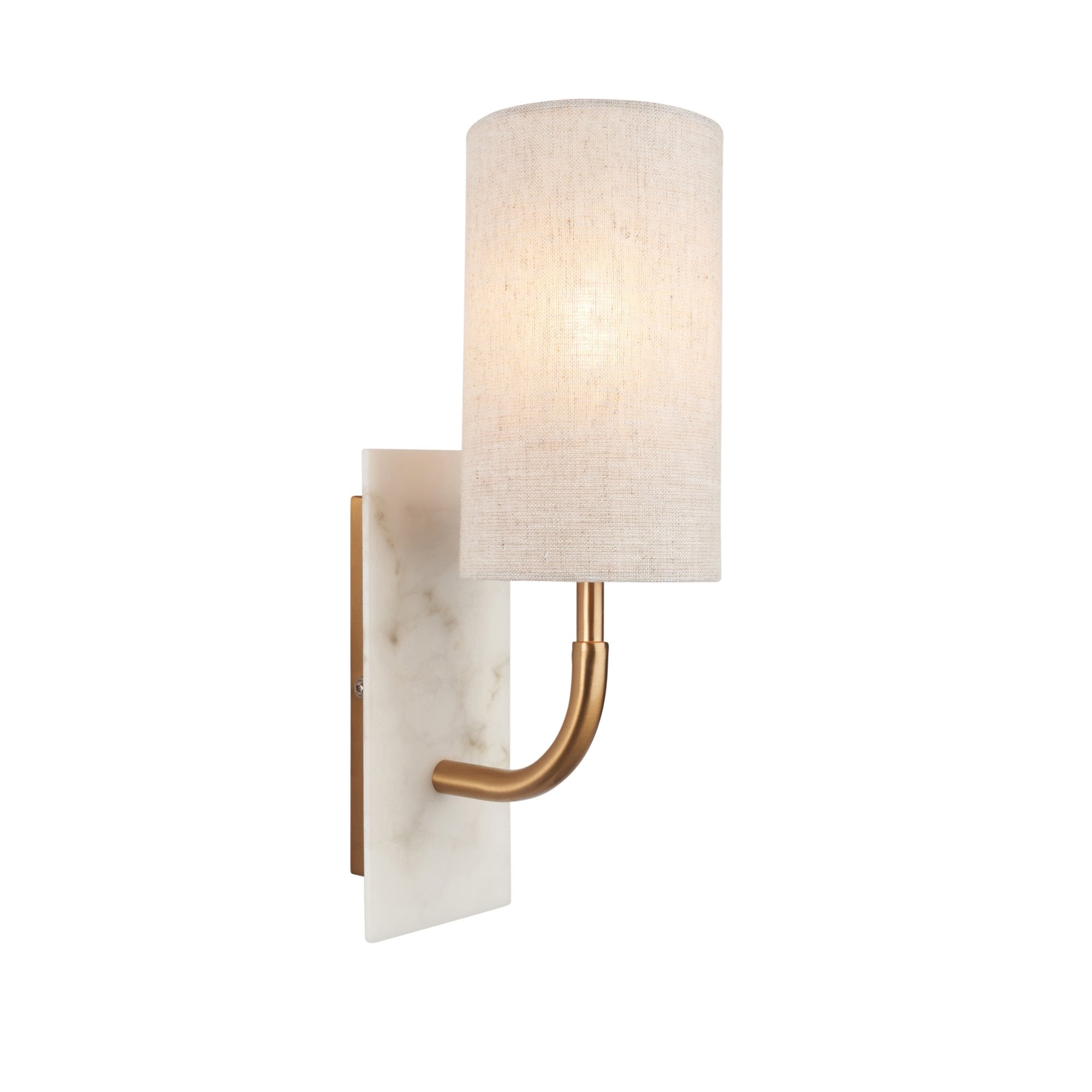 Utopia Spire Single White Marble Curved Arm Wall Light - Vintage Brass & Natural Cylindrical Shade