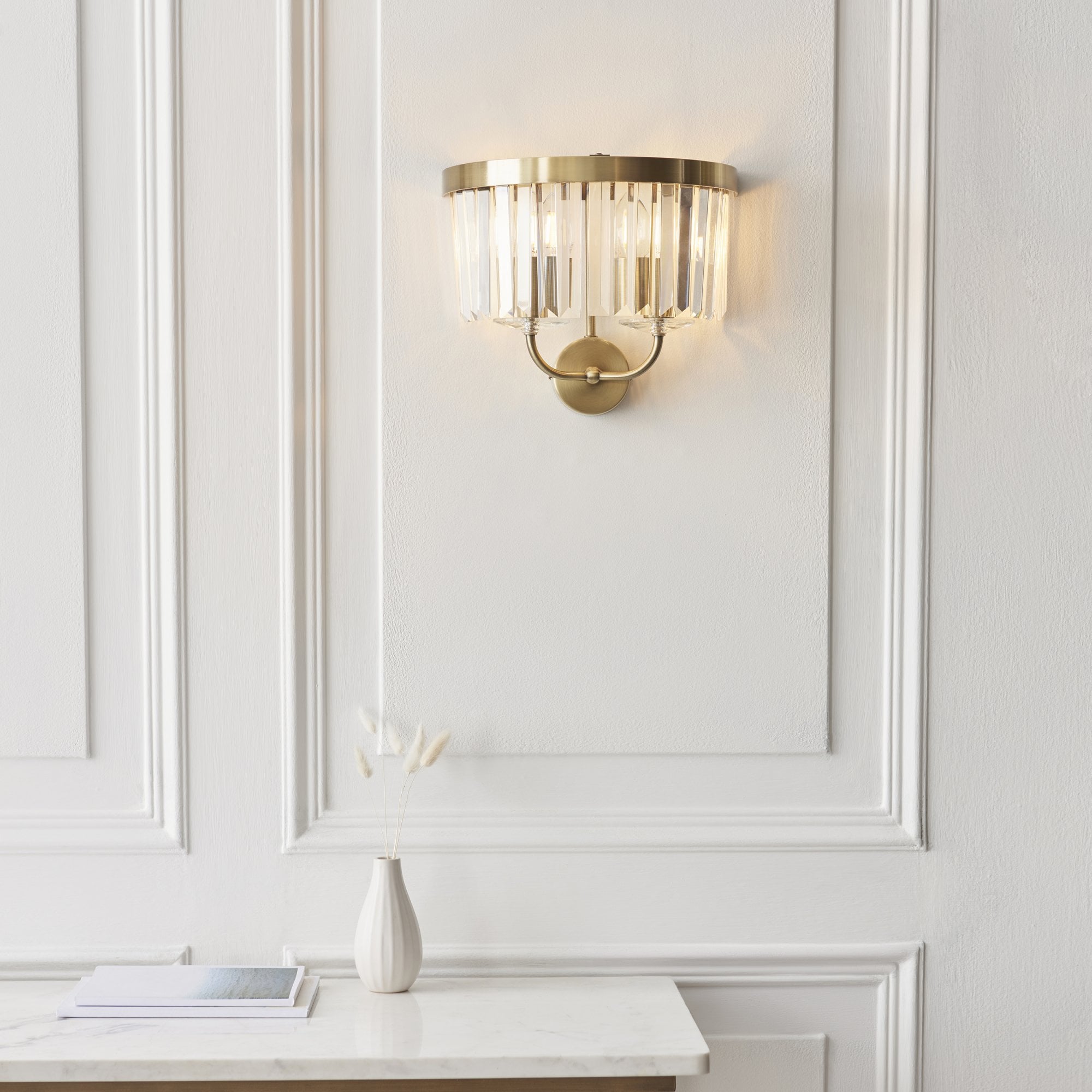 Utopia Martini 2 Light Wall Light - Antique Brass & Clear Cut Glass