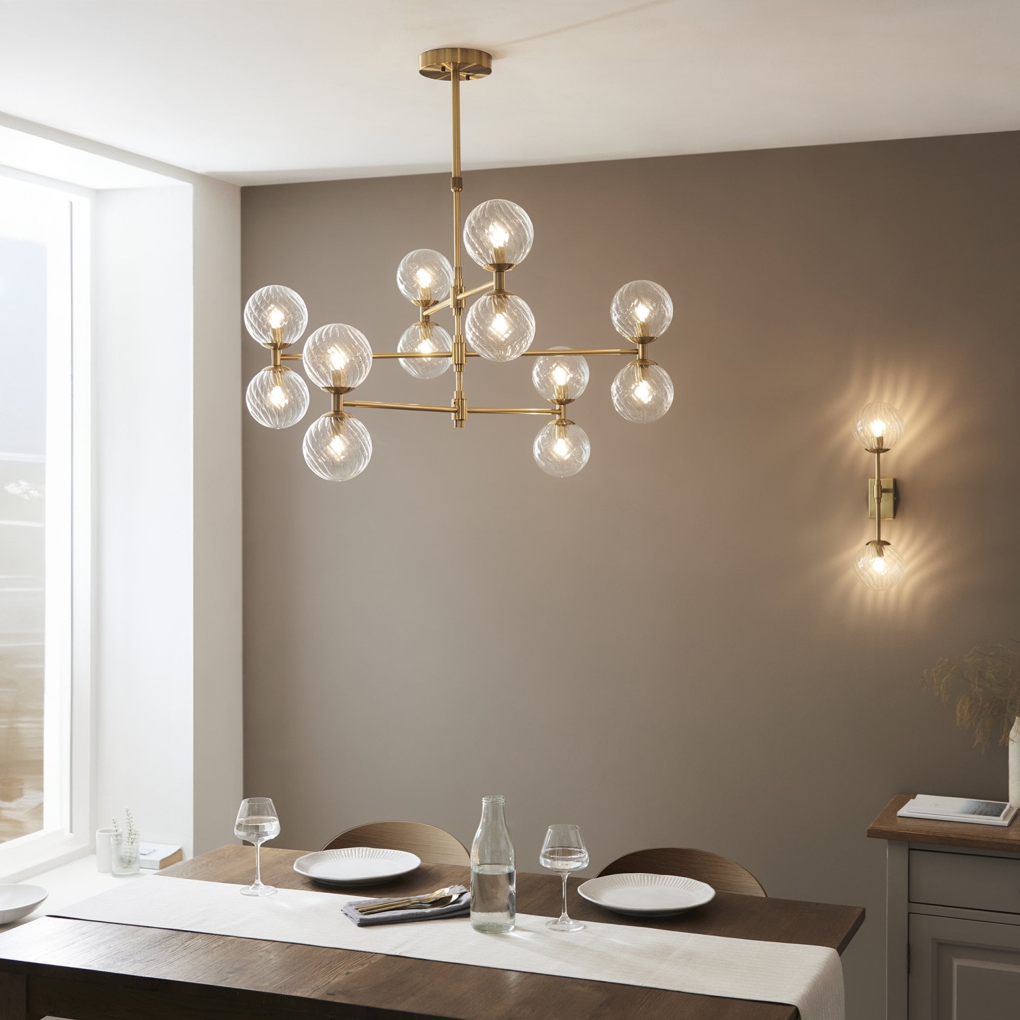 Utopia Atomic 2 Light Wall Light - Brushed Aged Brass & Twisted Clear Glass