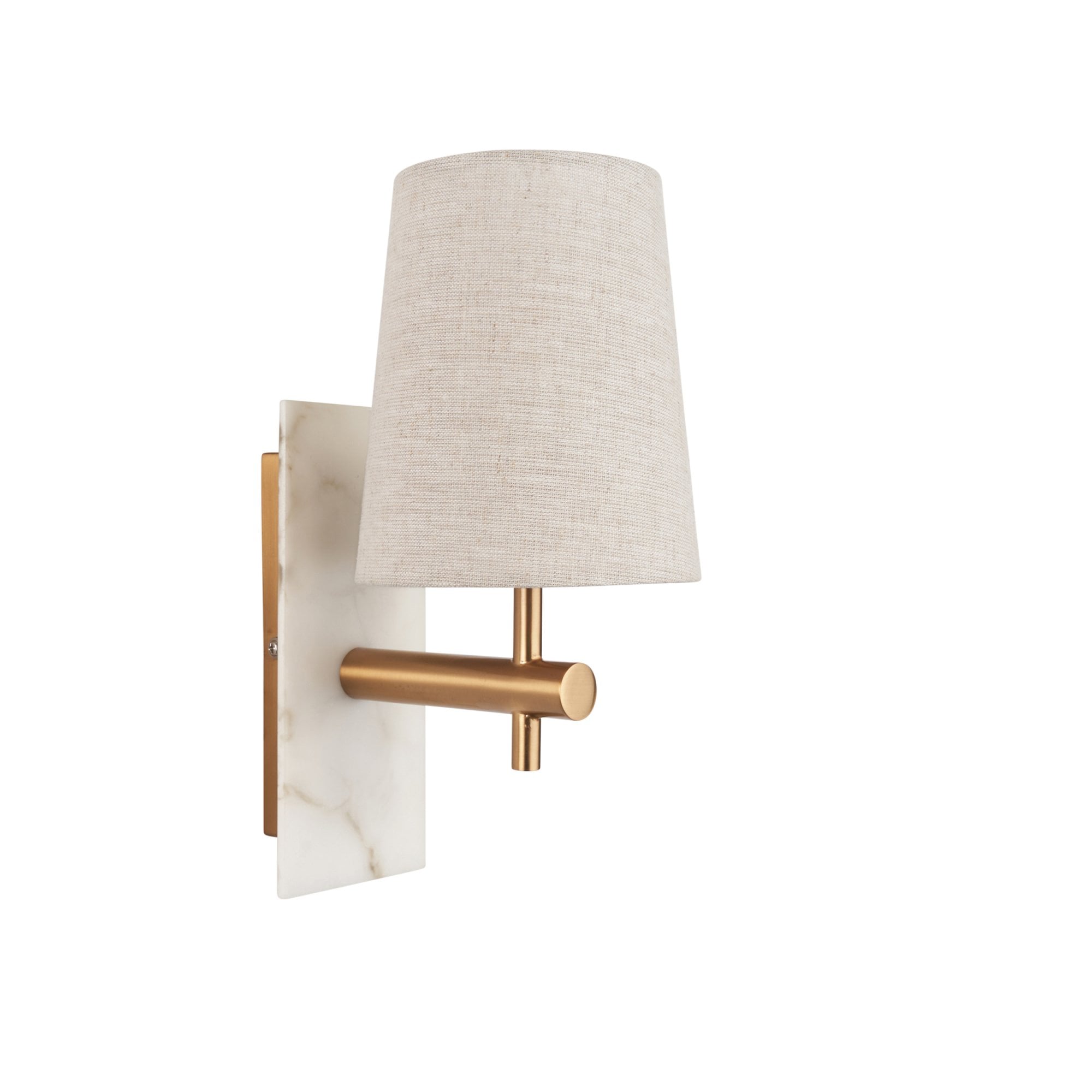 Utopia Spire Single White Marble Wall Light - Vintage Brass & Natural Tapered Shade