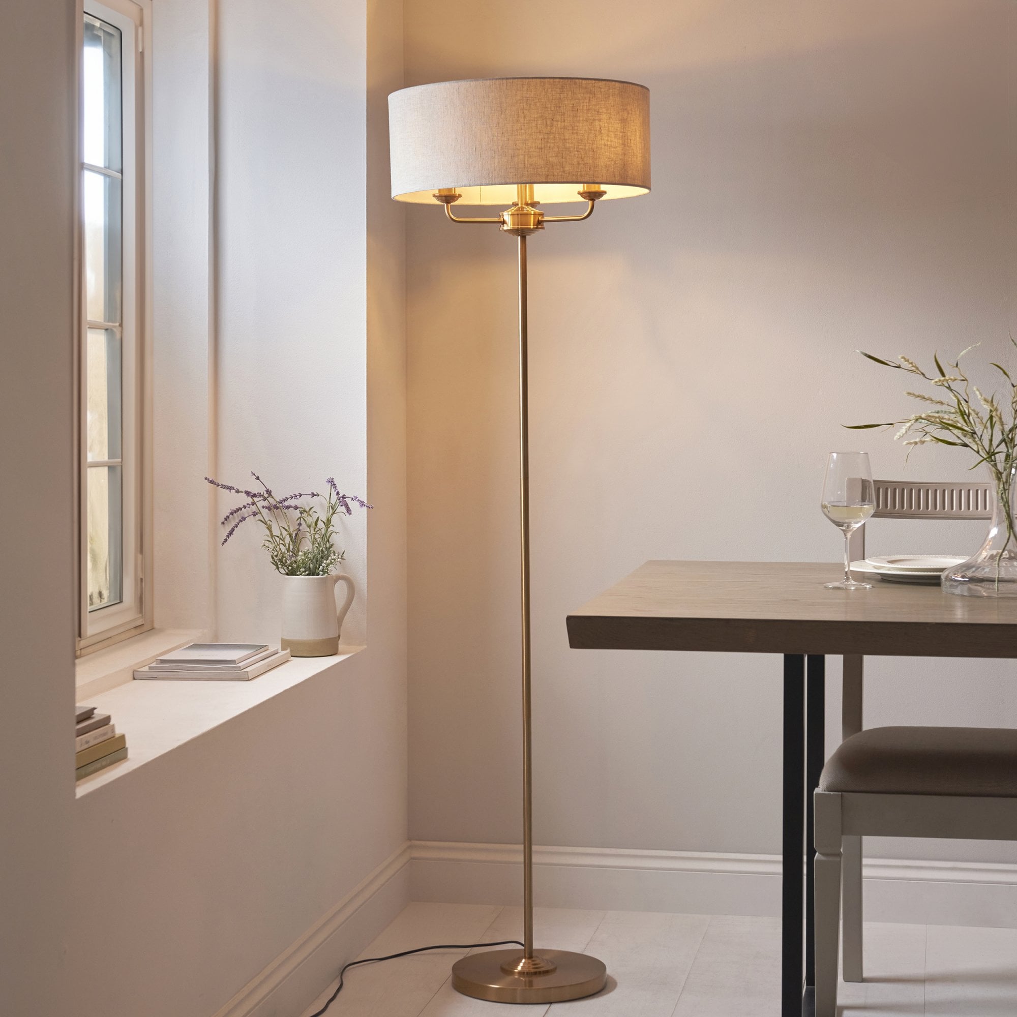 Endon Highclere 3 Light Floor - Vintage Brass & Natural Linen