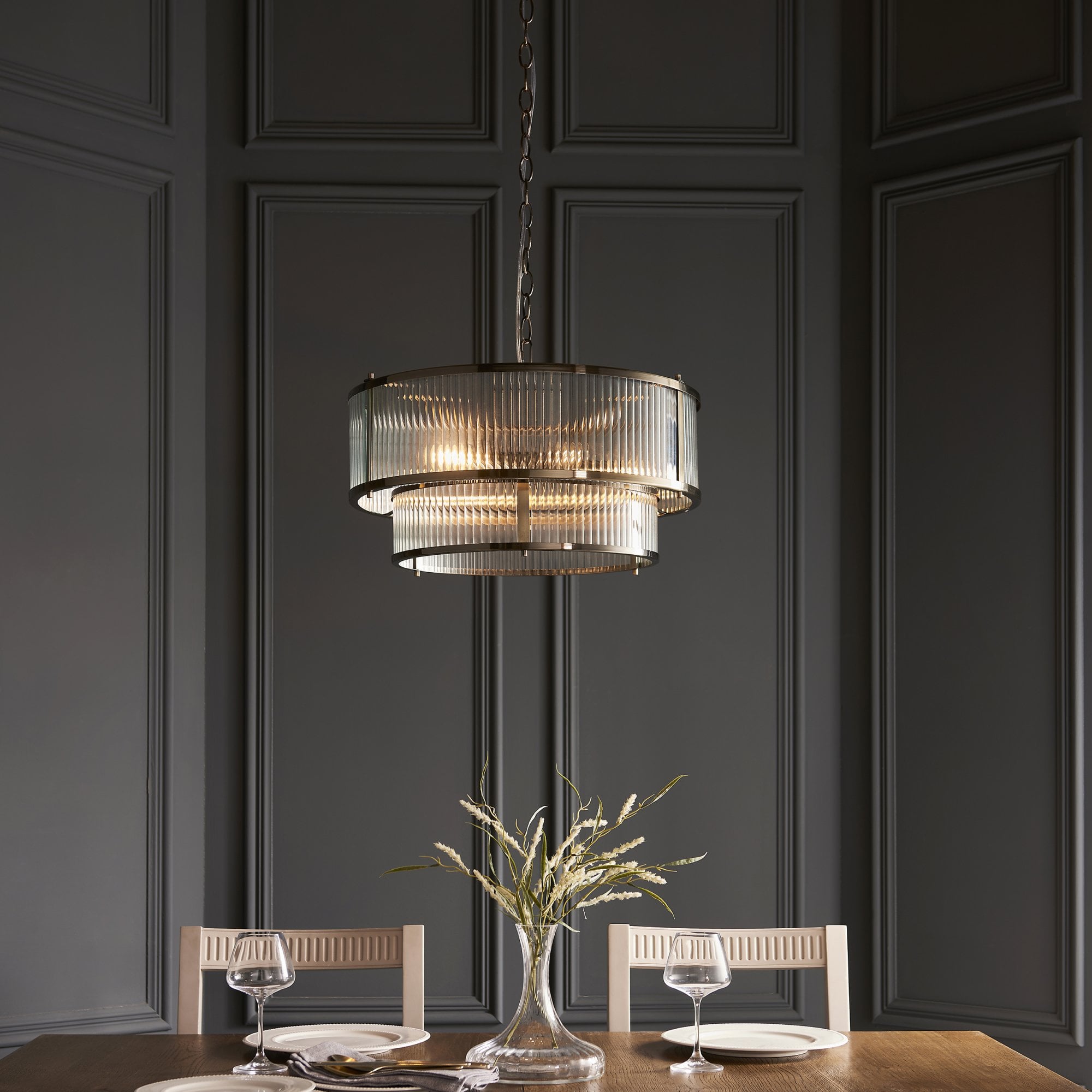 Endon Ridgeton 5 Light Pendant - Antique Brass Plate & Clear Ribbed Glass