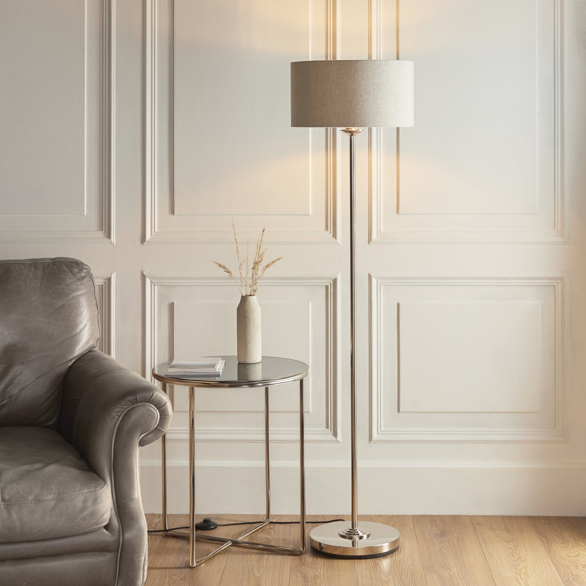 Endon Highclere Single Light Floor - Brushed Chrome Plate & Natural Linen