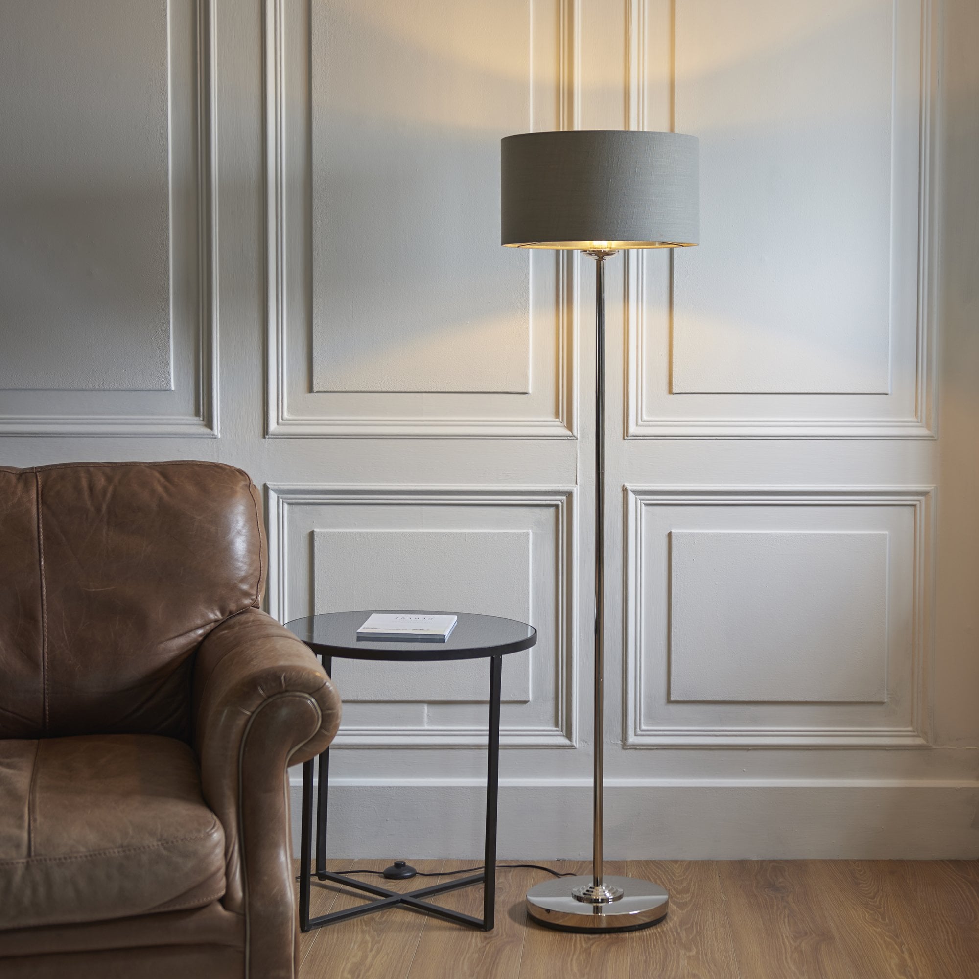Endon Highclere Single Light Floor - Bright Nickel Plate & Charcoal Fabric