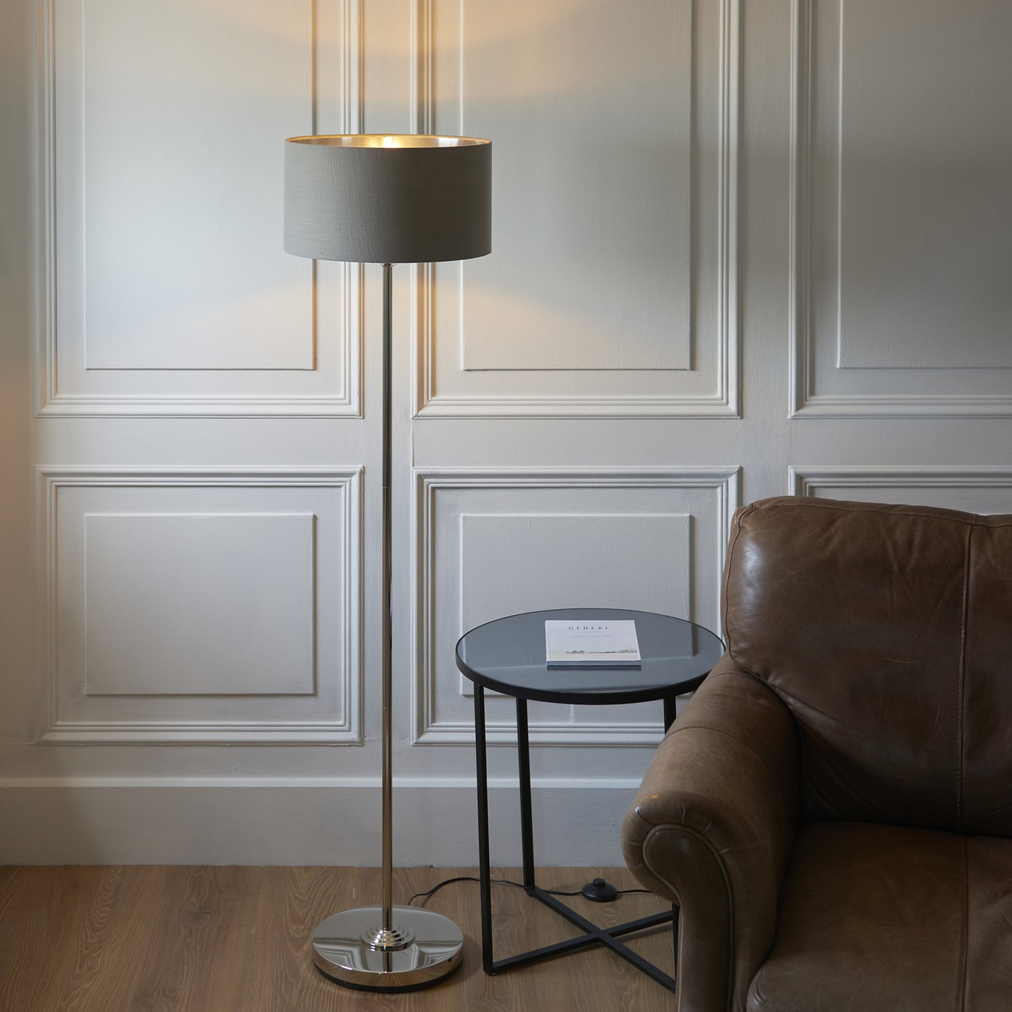 Endon Highclere Single Light Floor - Bright Nickel Plate & Charcoal Fabric