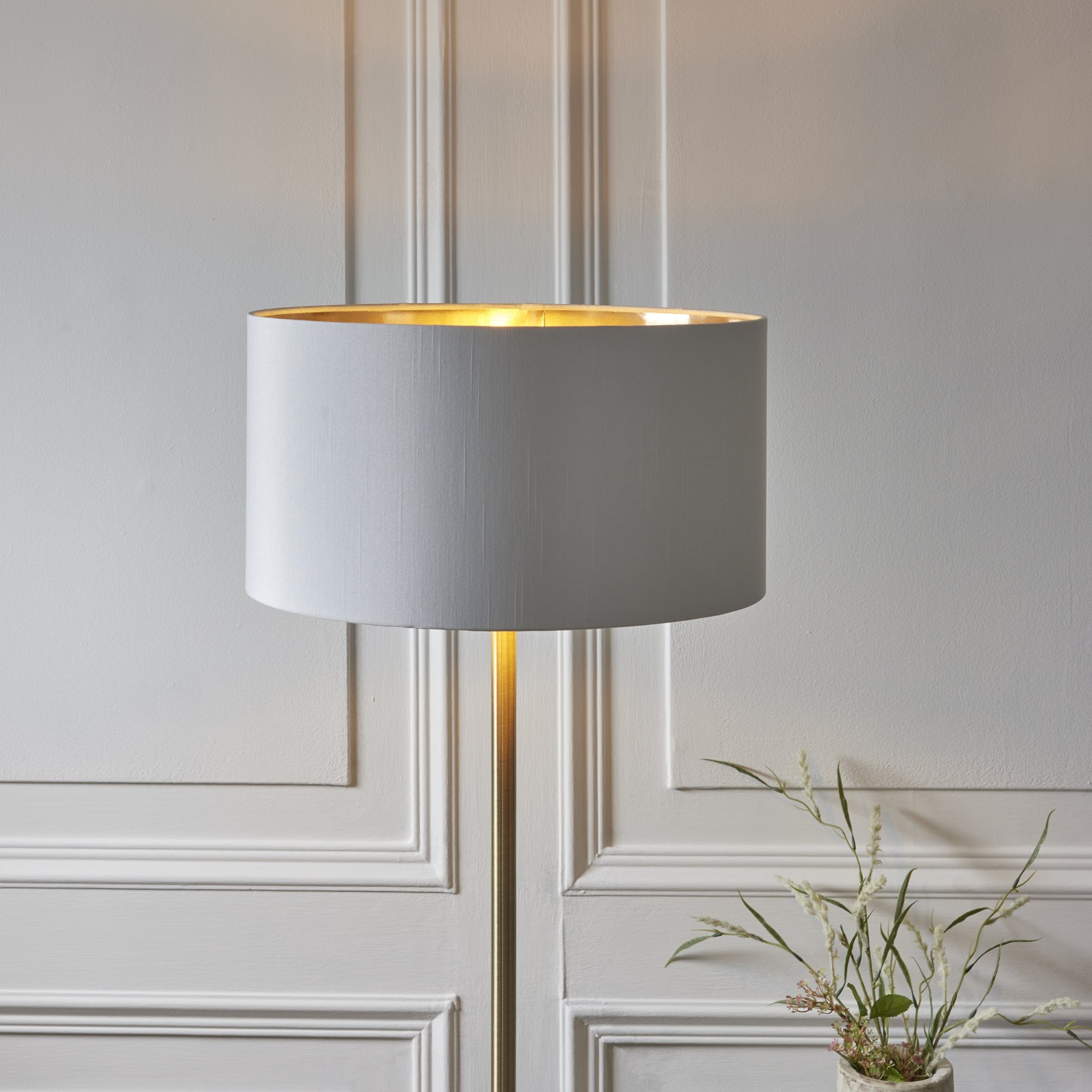 Endon Highclere Single Light Floor - Antique Brass Plate & Vintage White Fabric