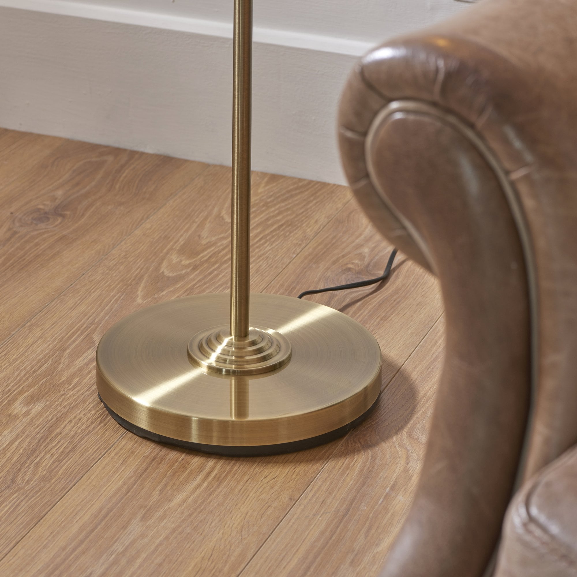 Endon Highclere Single Light Floor - Antique Brass Plate & Vintage White Fabric