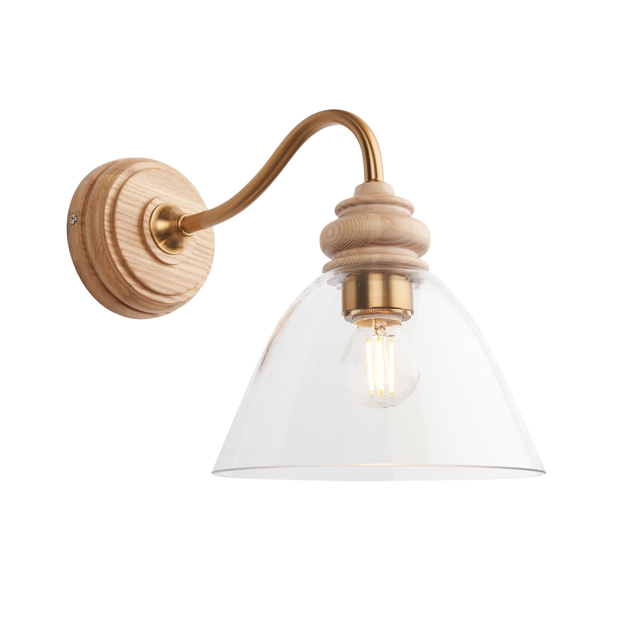 Endon Cotswold Single Light Wall - Natural Ash, Brushed Aged Brass Plate & Clear Glass