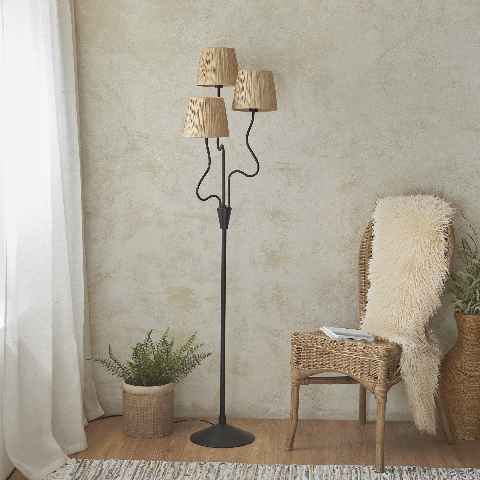 Endon Wriggle 3 Light Floor - Matt Black & Natural Raffia