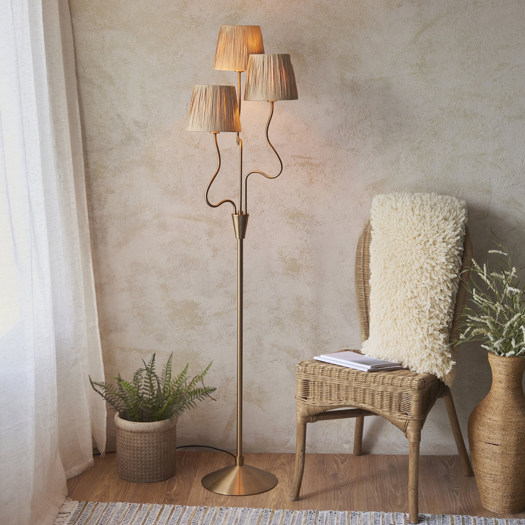 Endon Wriggle 3 Light Floor - Brushed Aged Brass Plate & Natural Raffia