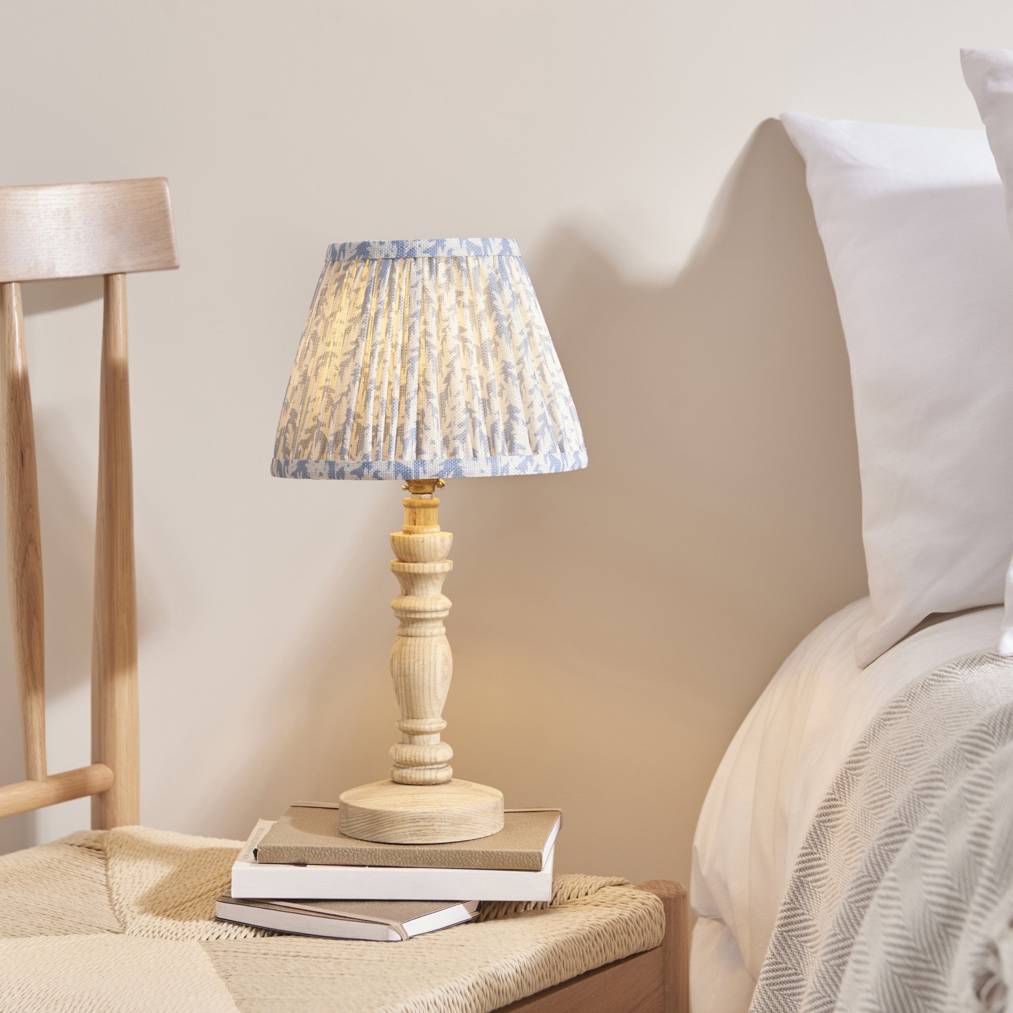 Endon Bibury Natural Ash Wood Table Lamp & Leaf 20cm Shell Bay Blue Shade