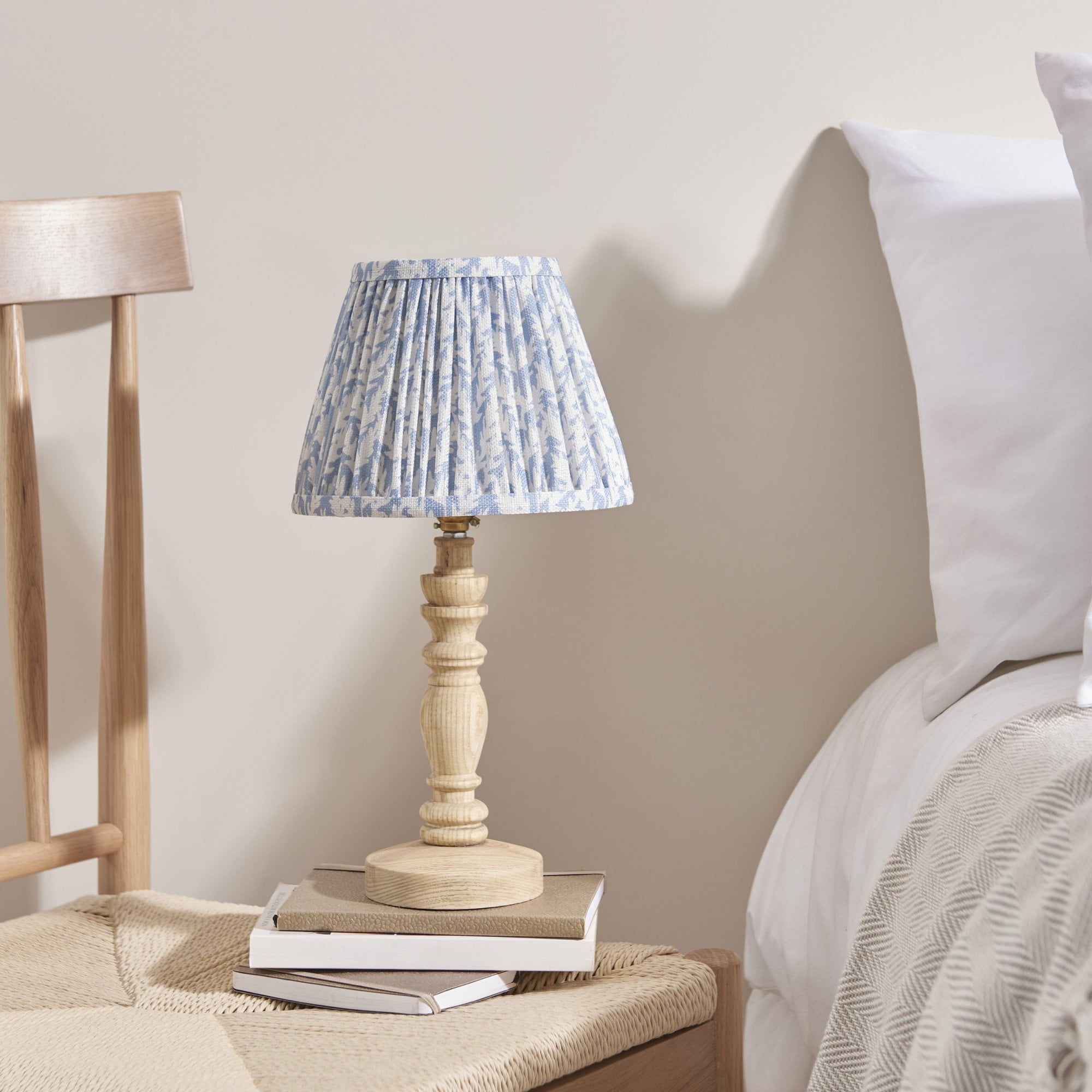 Endon Bibury Natural Ash Wood Table Lamp & Leaf 20cm Shell Bay Blue Shade
