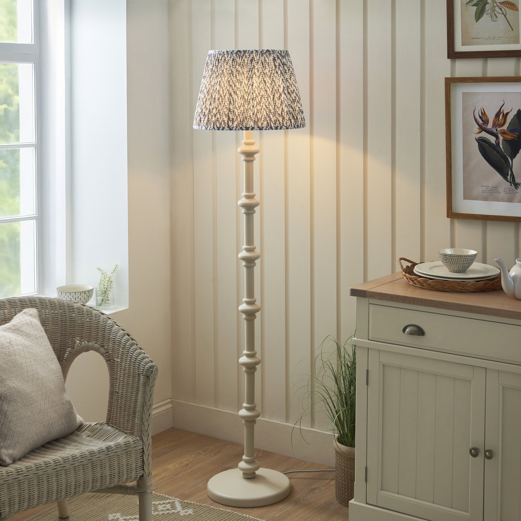 Endon Carnaby Satin Almond White Floor Lamp & Leaf 40cm Pearl Grey Shade