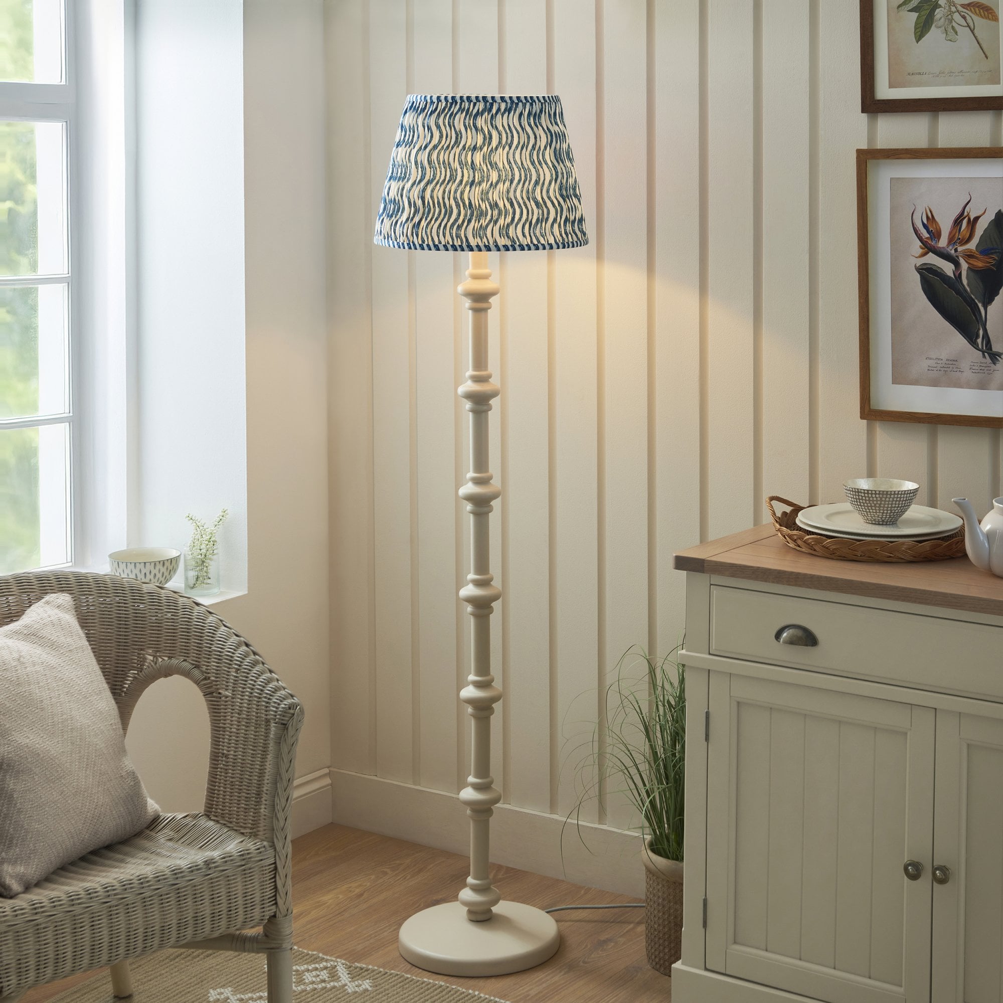Endon Carnaby Satin Almond White Floor Lamp & Ripple 40cm Marlin Blue Shade