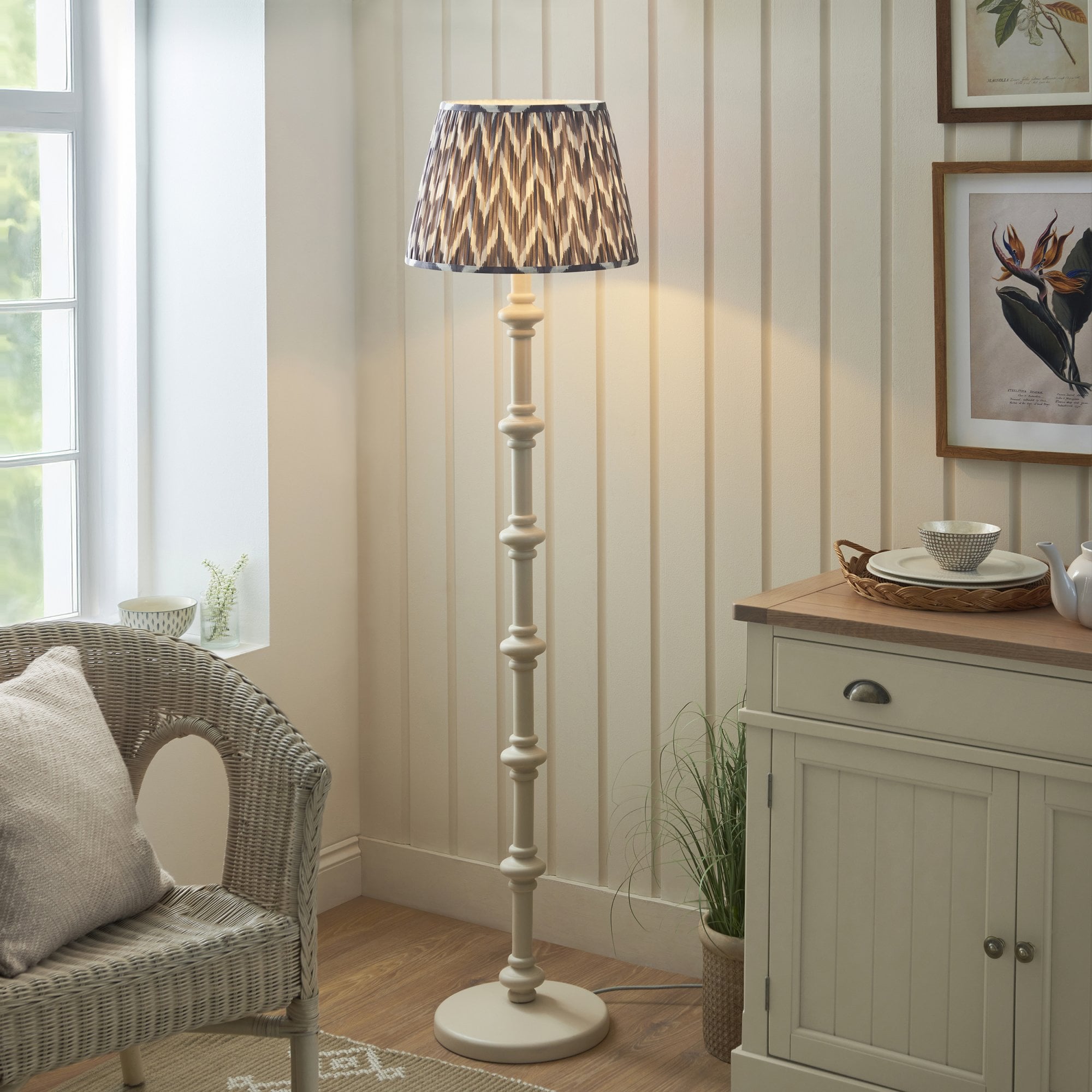 Endon Carnaby Satin Almond White Floor Lamp & Zigzag 40cm Pearl Grey Shade