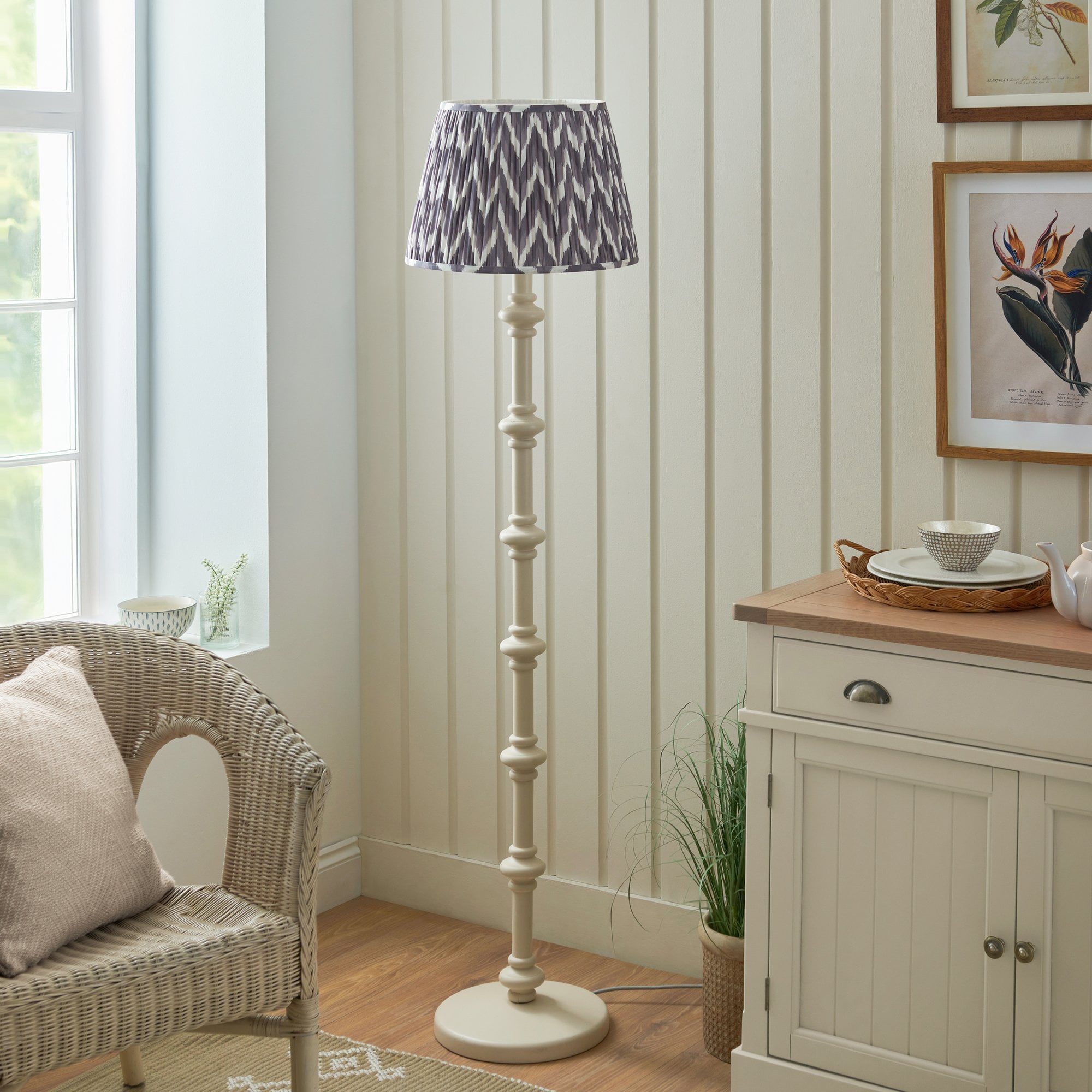 Endon Carnaby Satin Almond White Floor Lamp & Zigzag 40cm Pearl Grey Shade